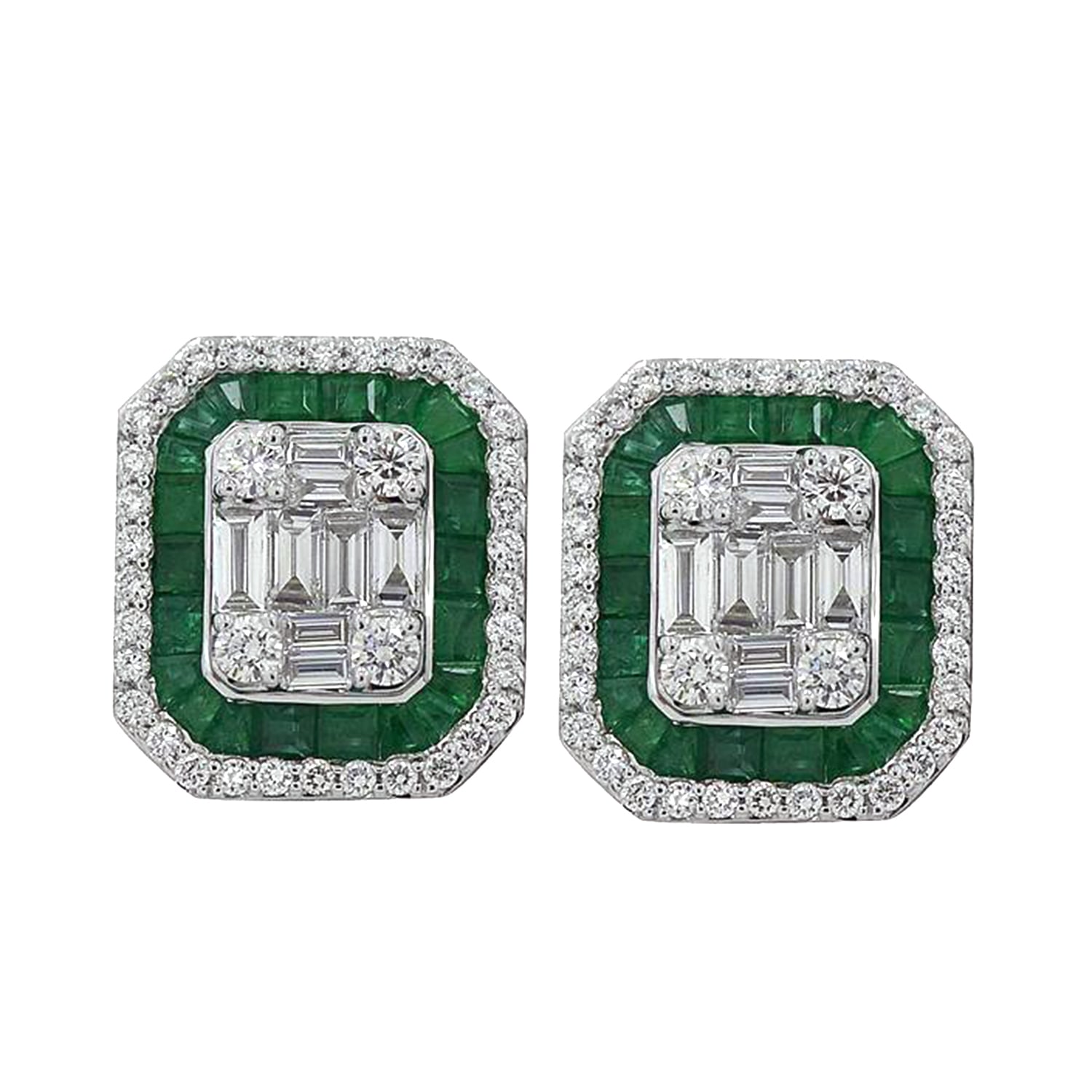 Women’s Green / White Solid 18K White Gold Green Emerald Gemstone Natural Baguette Diamond Stud Earrings Artisan