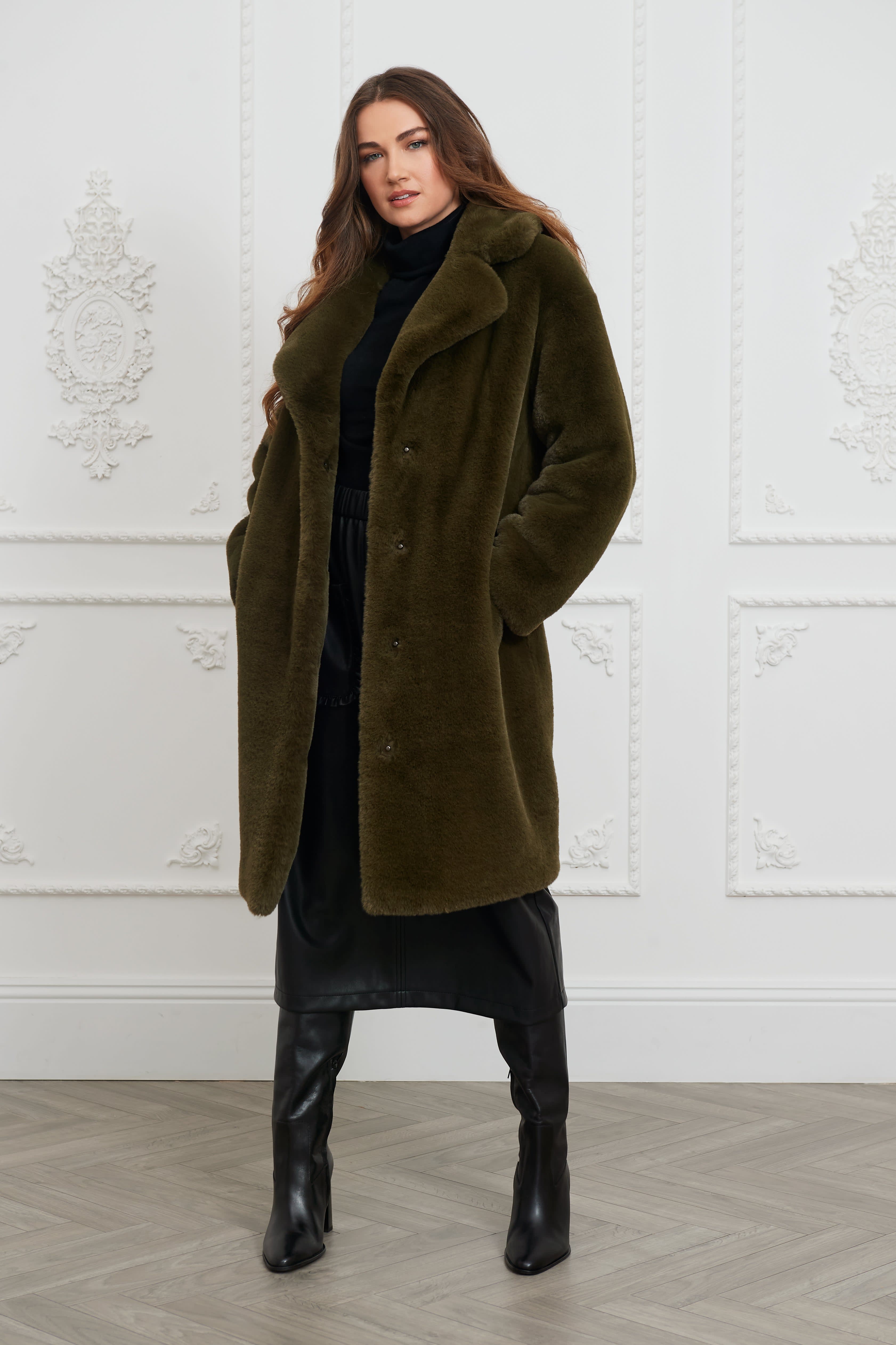 Greta Luxe Longline Faux Fur Coat Olive Green, ISSY LONDON