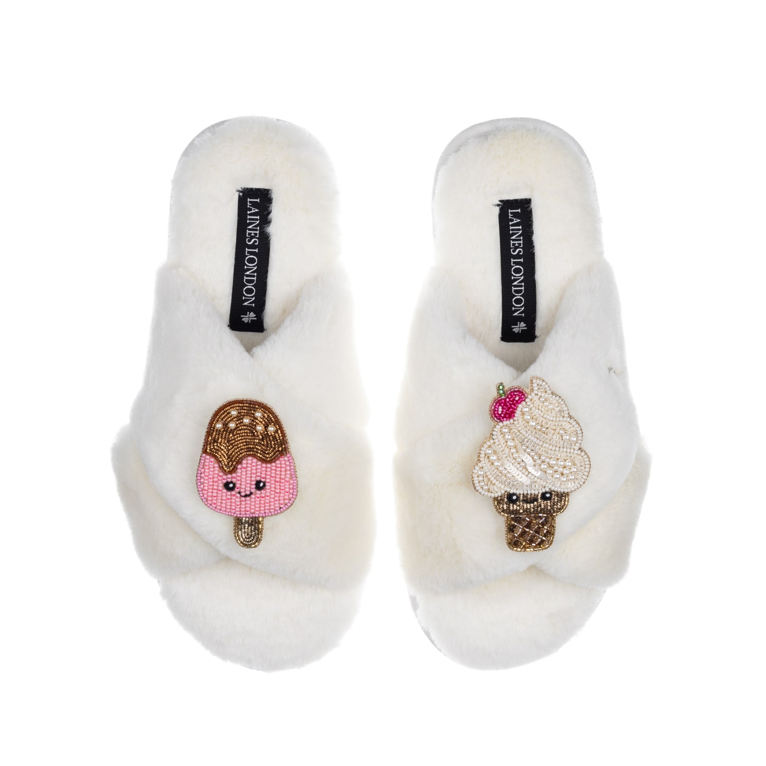 Laines London Women's White Classic Slippers With Laines Loveables Ice Lolly & Ice Cream Brooches - Cream In White
