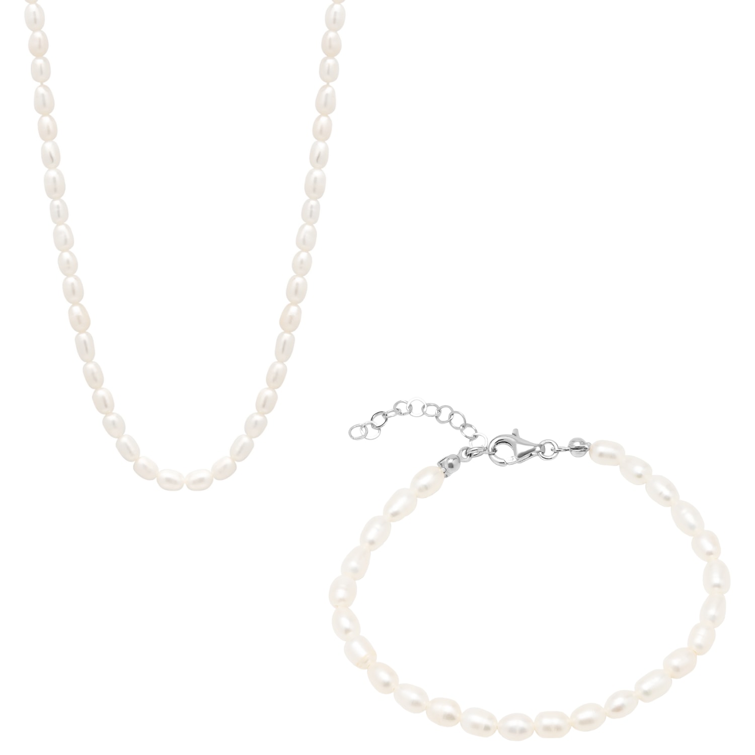 Spero London Women's White / Silver Natural Freshwater Real Seed Pearl Necklace & Bracelet Set In Multi