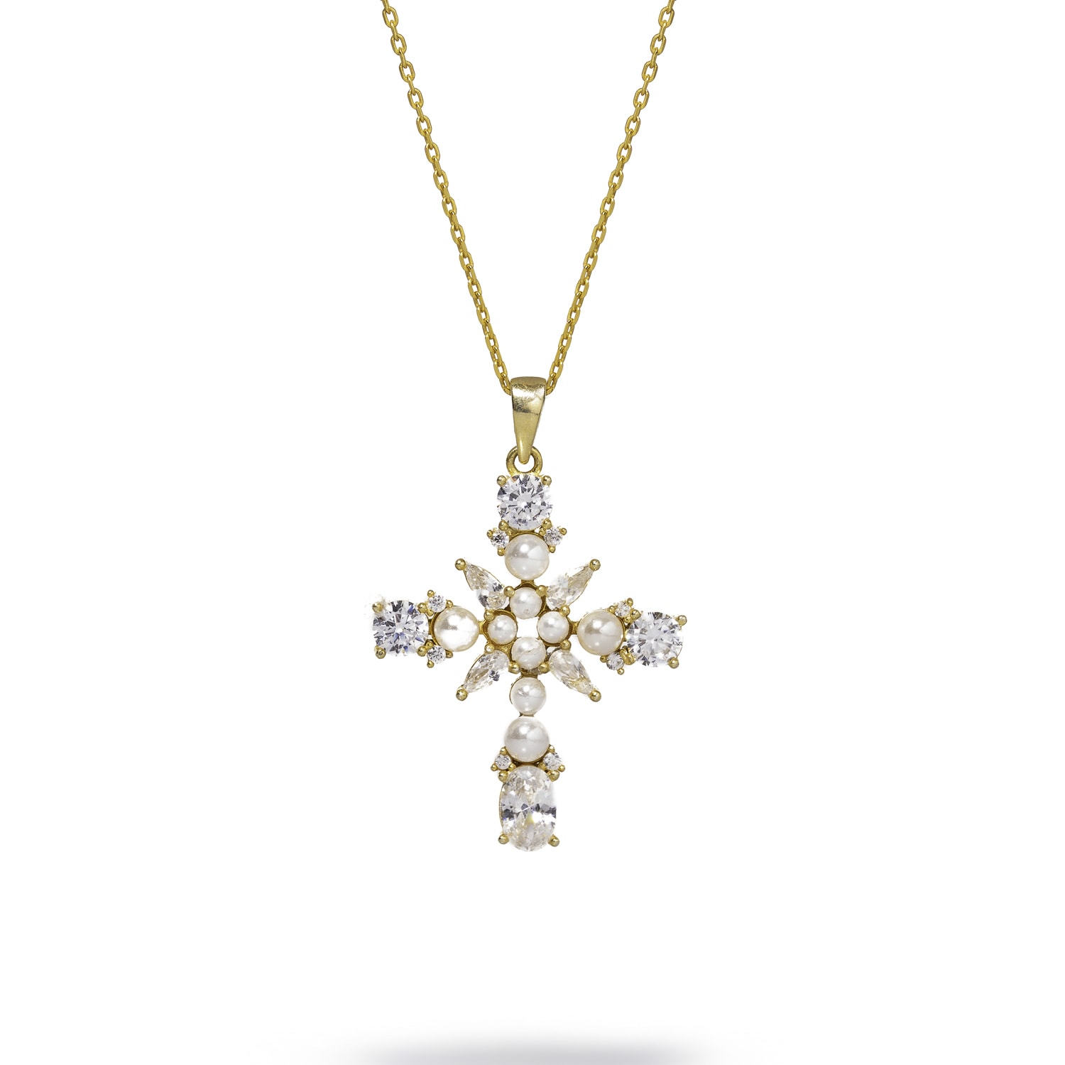 Ebru Jewelry Women's Gold / White Divine Pearl & Diamond Cross Gold Chain Necklace - White In Gold