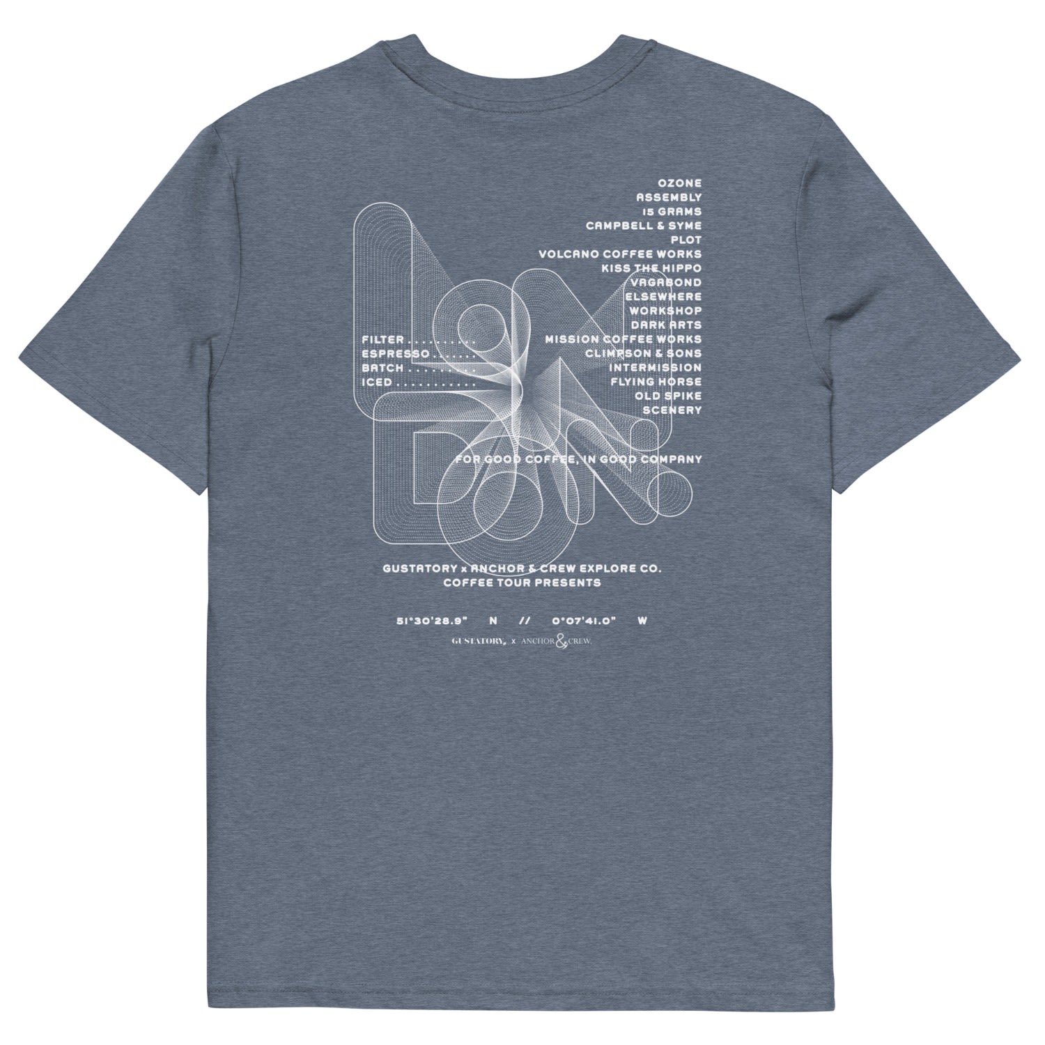 Anchor & Crew Dark Heather Blue Gustatory London Coffee Scene Organic Cotton Embroidered T-shirt - Women In Blue