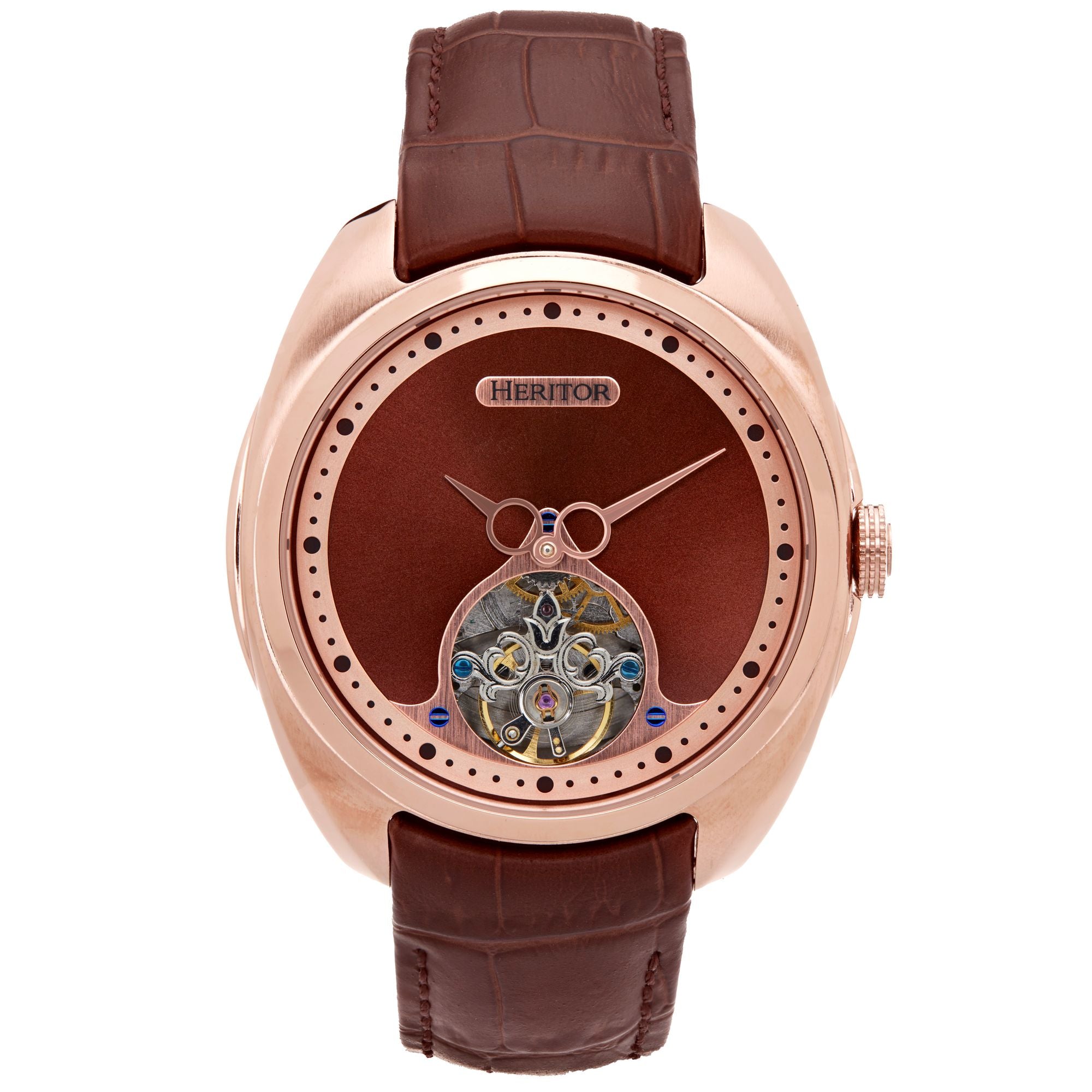 Heritor Automatic Men's Roman Semi-skeleton Leather-band Watch - Rose Gold