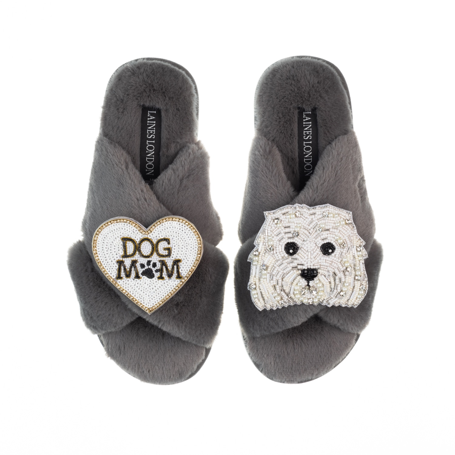 Laines London Women's Classic Laines Slippers With Queenie & Dog Mum / Mom Brooches - Grey In Grey