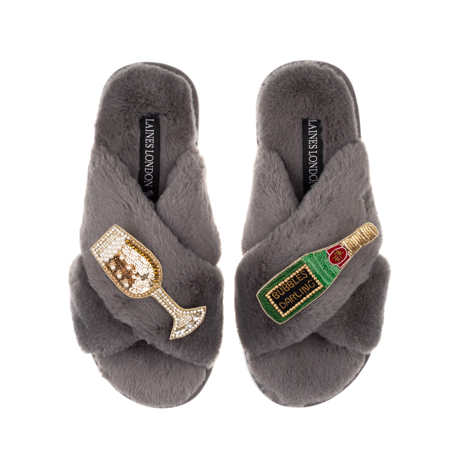 Laines London Women's Classic Laines Slippers With Bubbles Darling Brooches - Grey In Grey