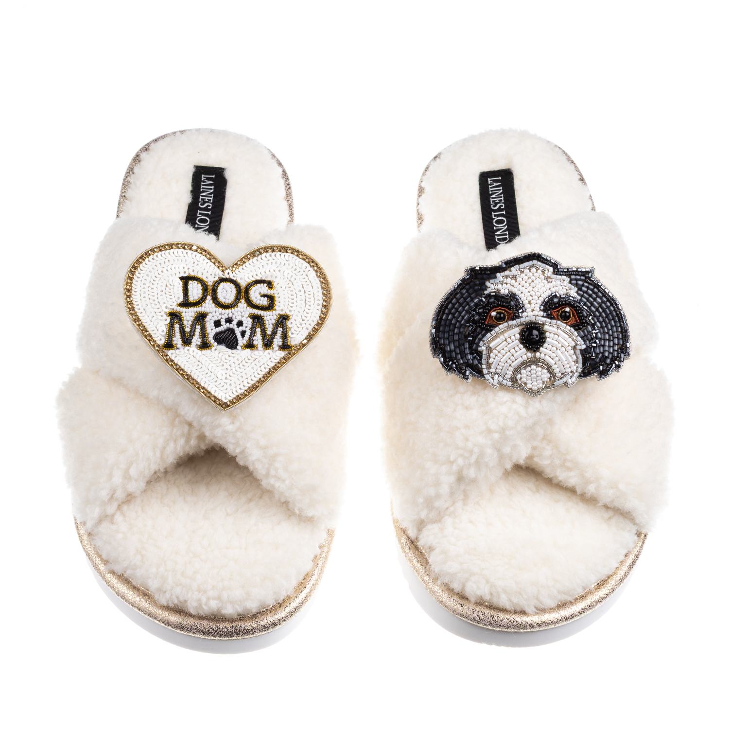 Laines London Women's Neutrals / White Boucle Slippers With Dog Mum/mom & Black & White Shih Tzu Brooches - Cream In White