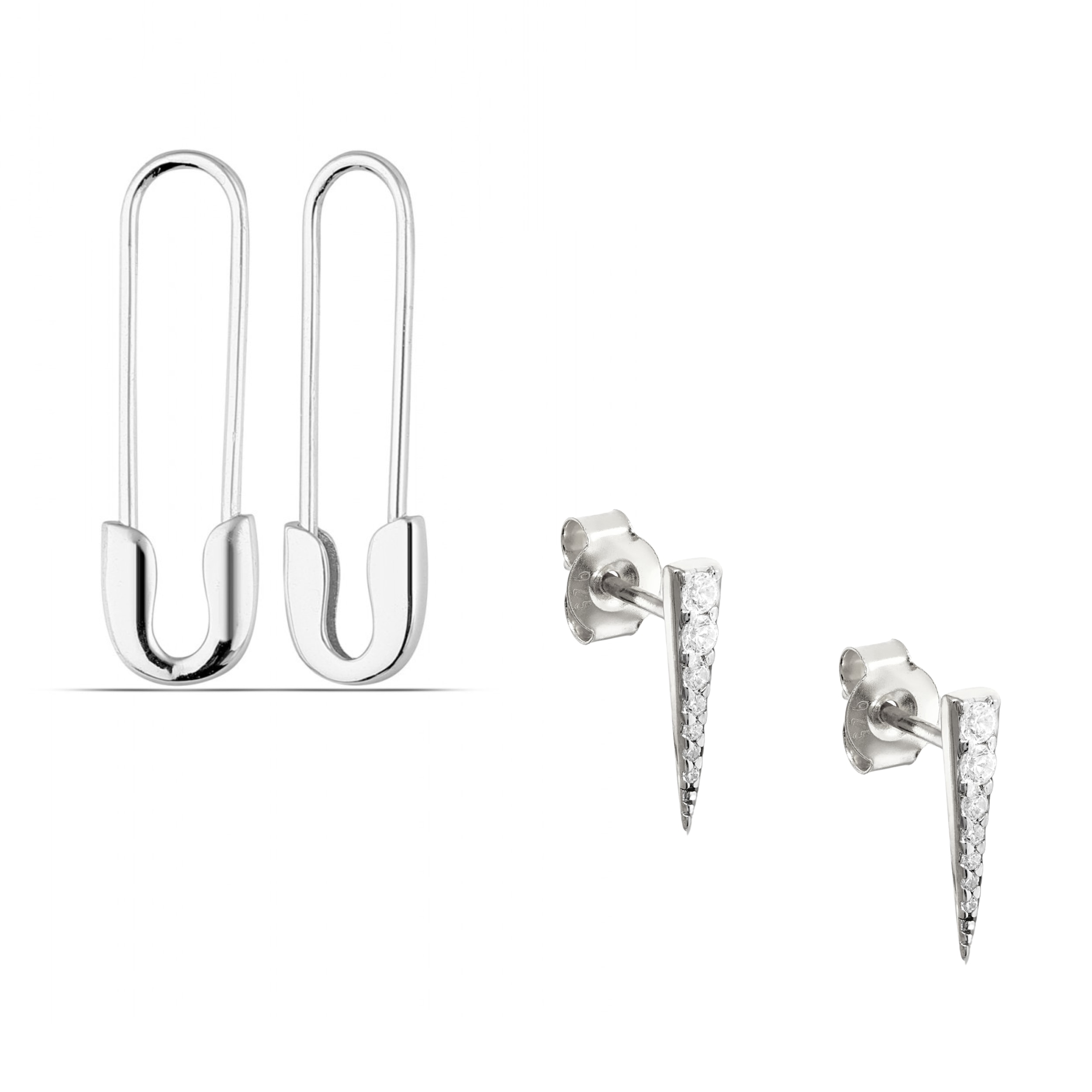 Women’s Long Pave Dagger Stud & Safety Pin Earring Set - Silver Spero London