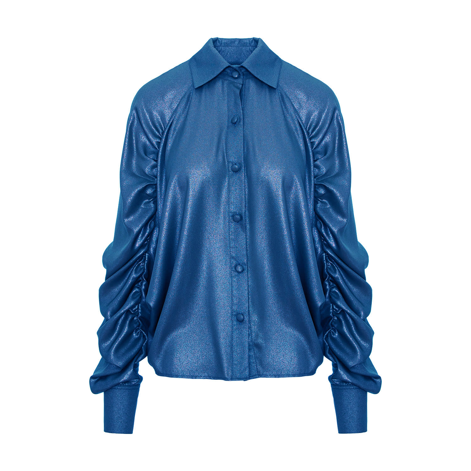 Bluzat Women's Oversized Metallic Shirt With Puff Sleeves – Blue In Blue