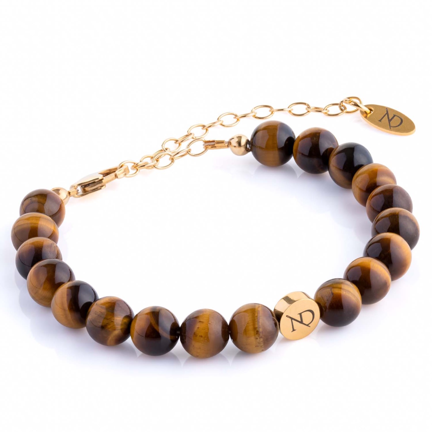 N'damus London Men's Brown Adjustable Tigers Eye Gemstone Bracelet & Gold Chain