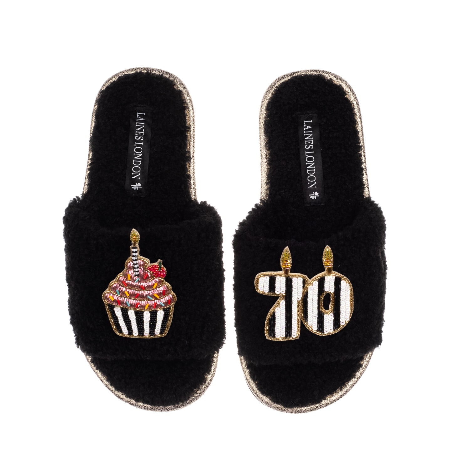 Laines London Women's Teddy Toweling Slipper Slider With Stripe 70th Birthday & Cake Brooches - Black In Black