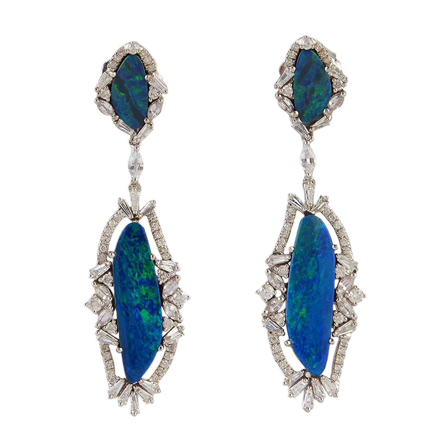 Artisan Women's White / Blue Opal Doublet & Sapphire Baguette Diamond Dangle Earrings In White Gold In Metallic