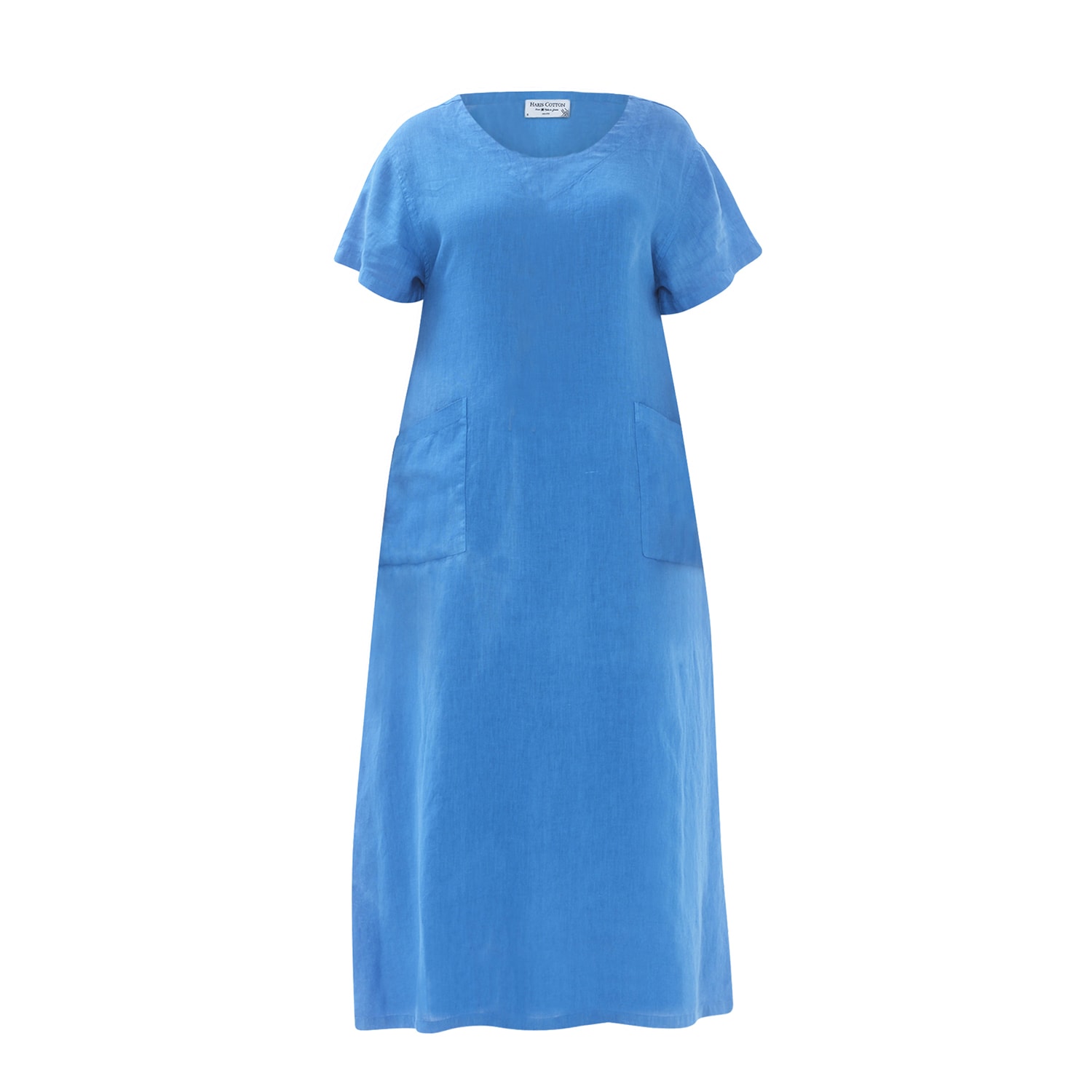 Haris Cotton Women's Midi Linen Dress With Three Quarters Sleeve And Pockets - Aegean Blue