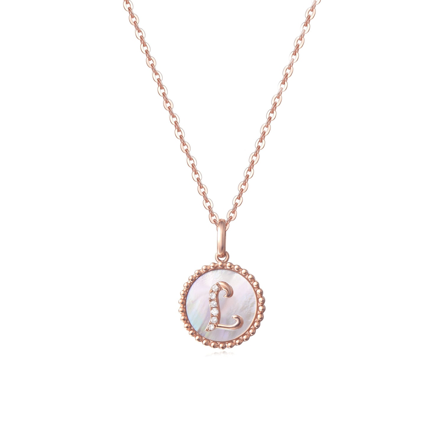 Fanci Me Women's "l" Initial Letter Mother Of Pearl And Diamond Round Disc Solid Rose Gold Necklace - Rose Go