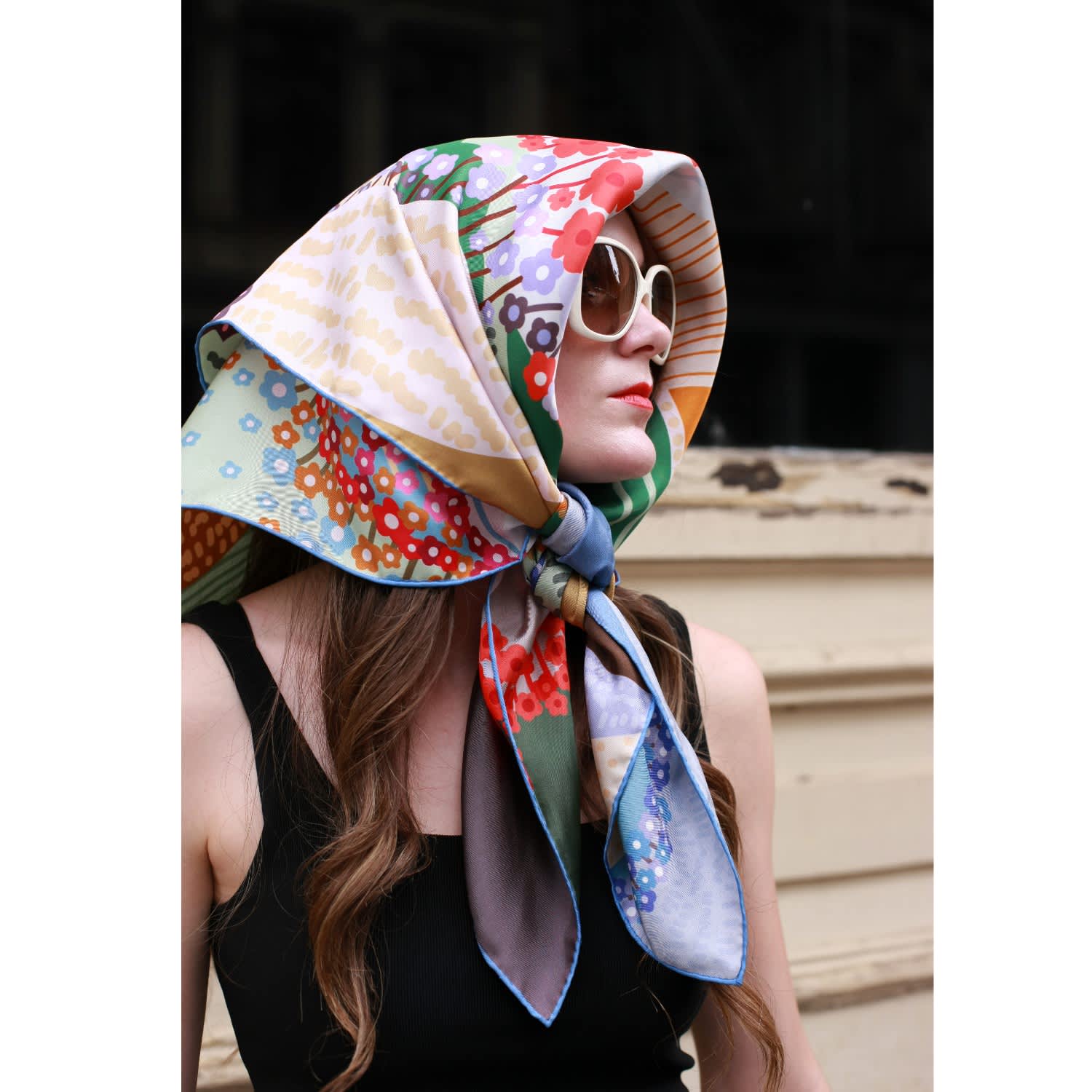 トップス YOSHUYUKI Silk Scarf Patterned Satin Top Red by Kiss Woven Silky Satin Square Scarf Hair Scarves Head Wraps
