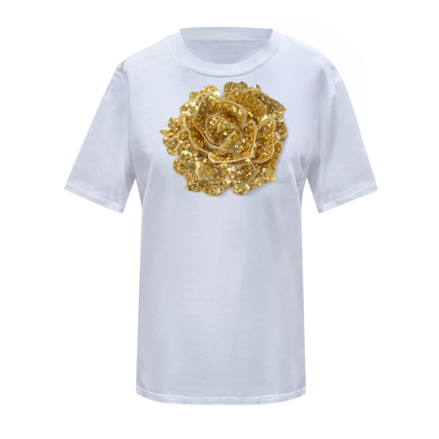 Toma Women's Gold / White Flower Summer White Cotton T-shirt With Gold Central Sequin Rose