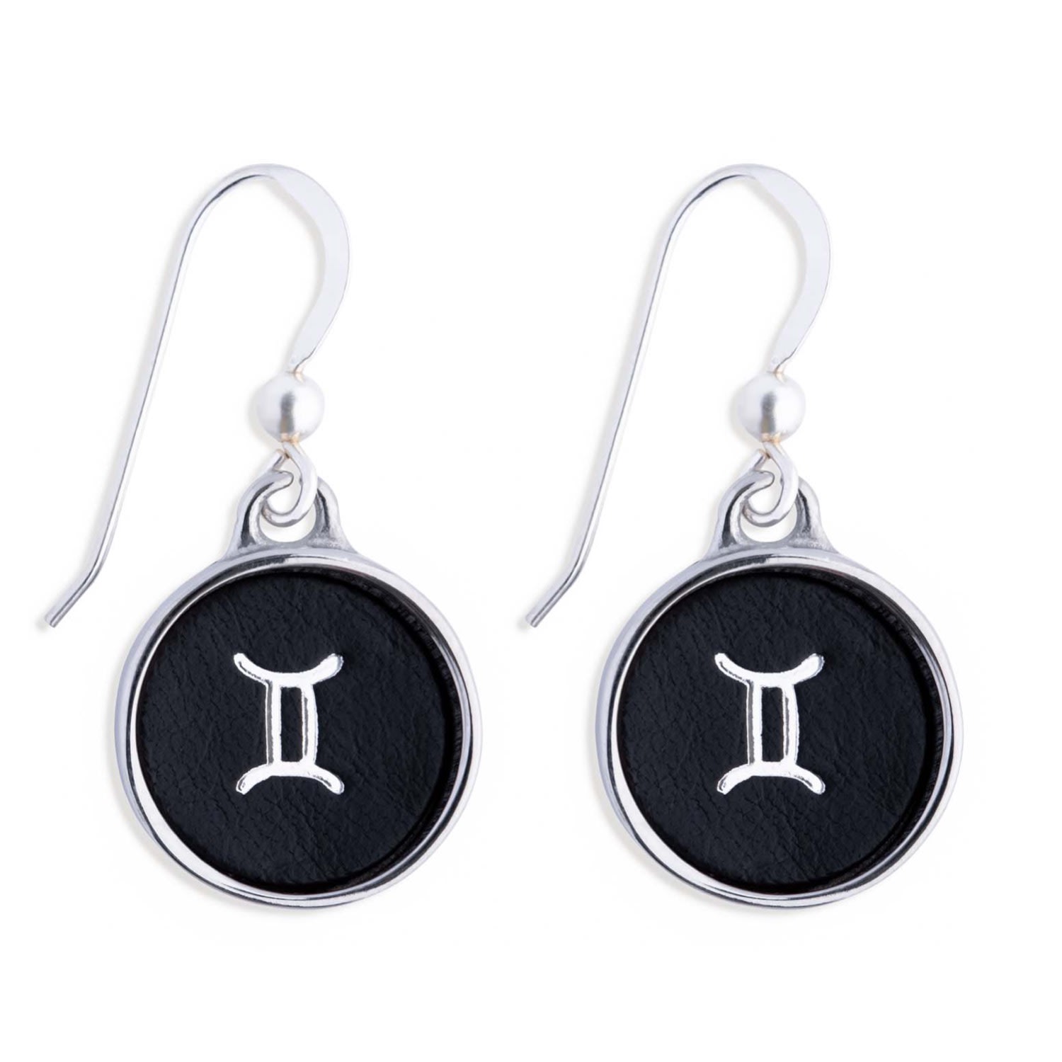 N'damus London Women's Silver / Black Zodiac Gemini Black Leather Earrings