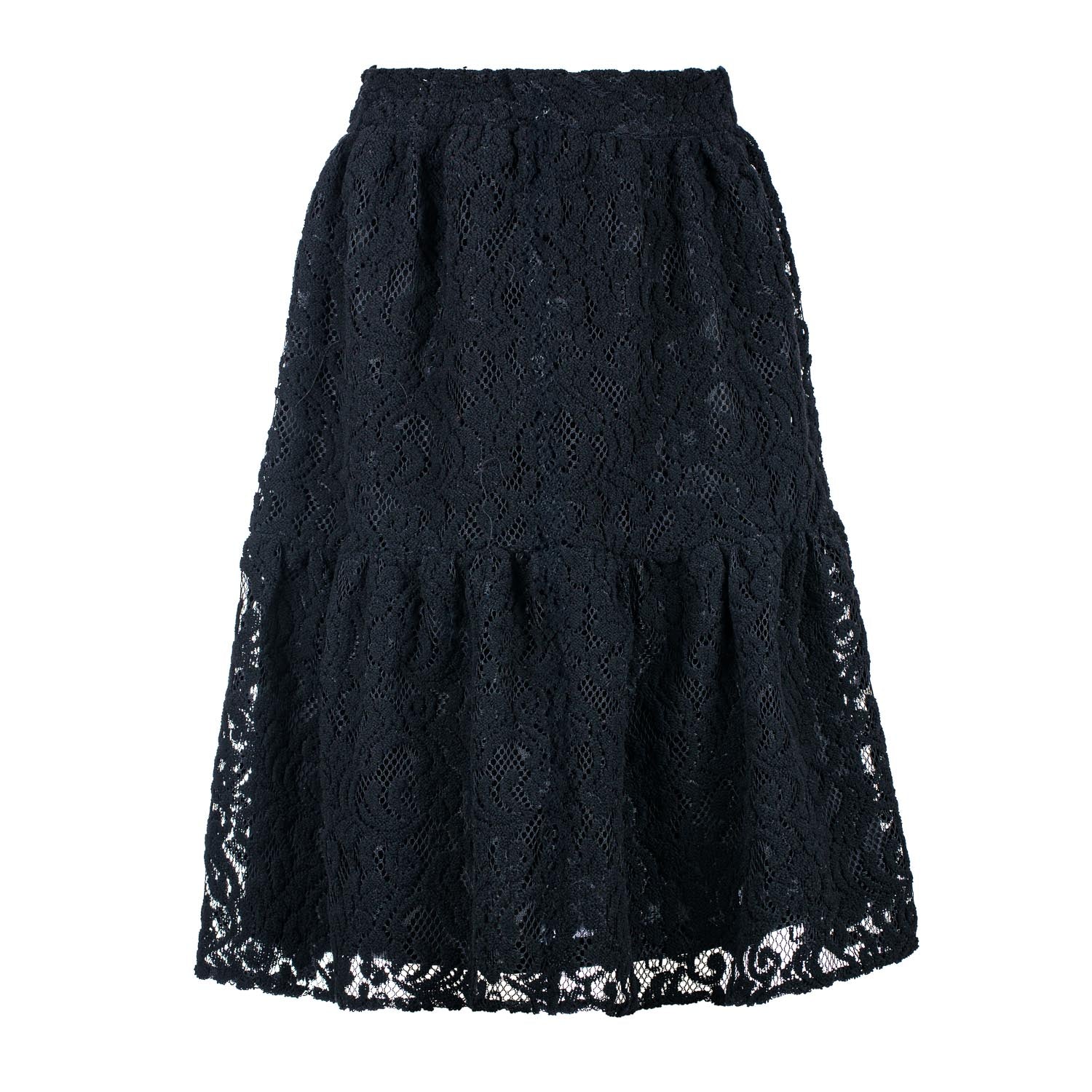 Conquista Women's Black Lace Jacquard Midi Skirt – Soft Textured Polyester, Elastic Waist In Black