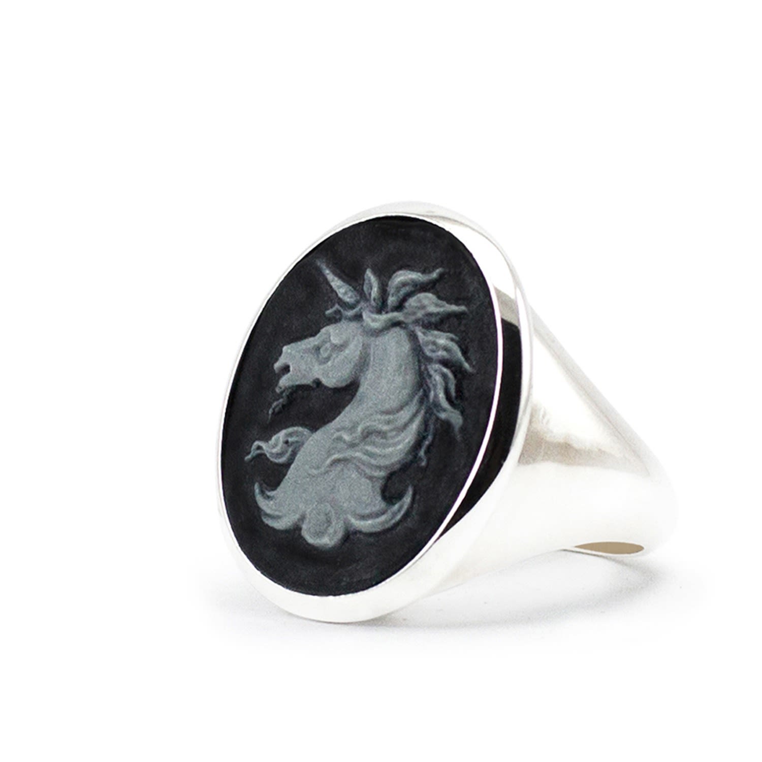 Men’s Silver Unicorn Cameo Signet Ring Vintouch Italy