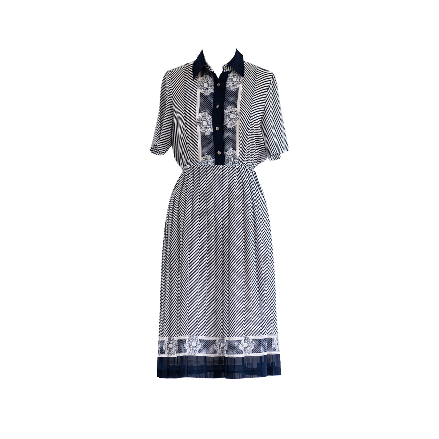 Women’s Vintage Blue & White Stripe Collared Half Sleeve Pleated Midi Dress Small Sugar Cream Vintage