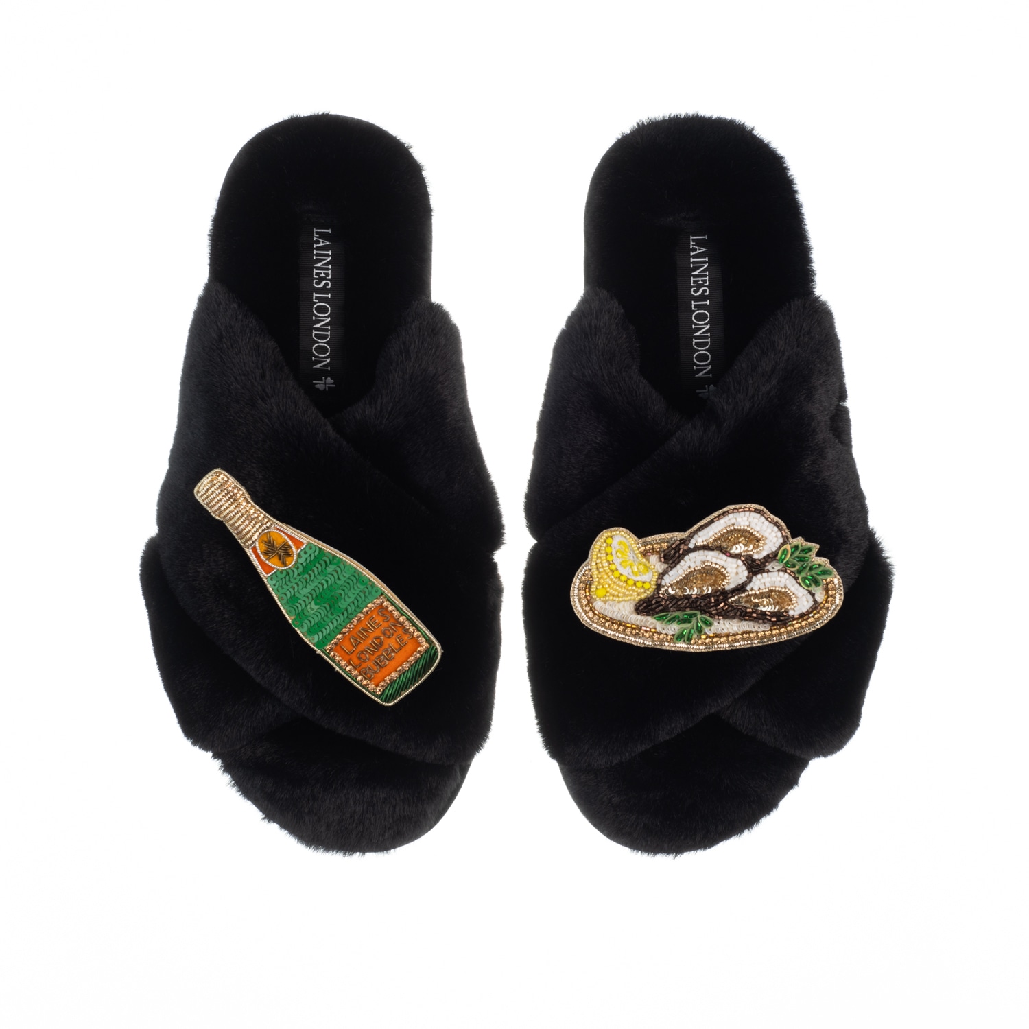 Women’s Classic Laines Slippers With Oysters & Champers - Black Large Laines London