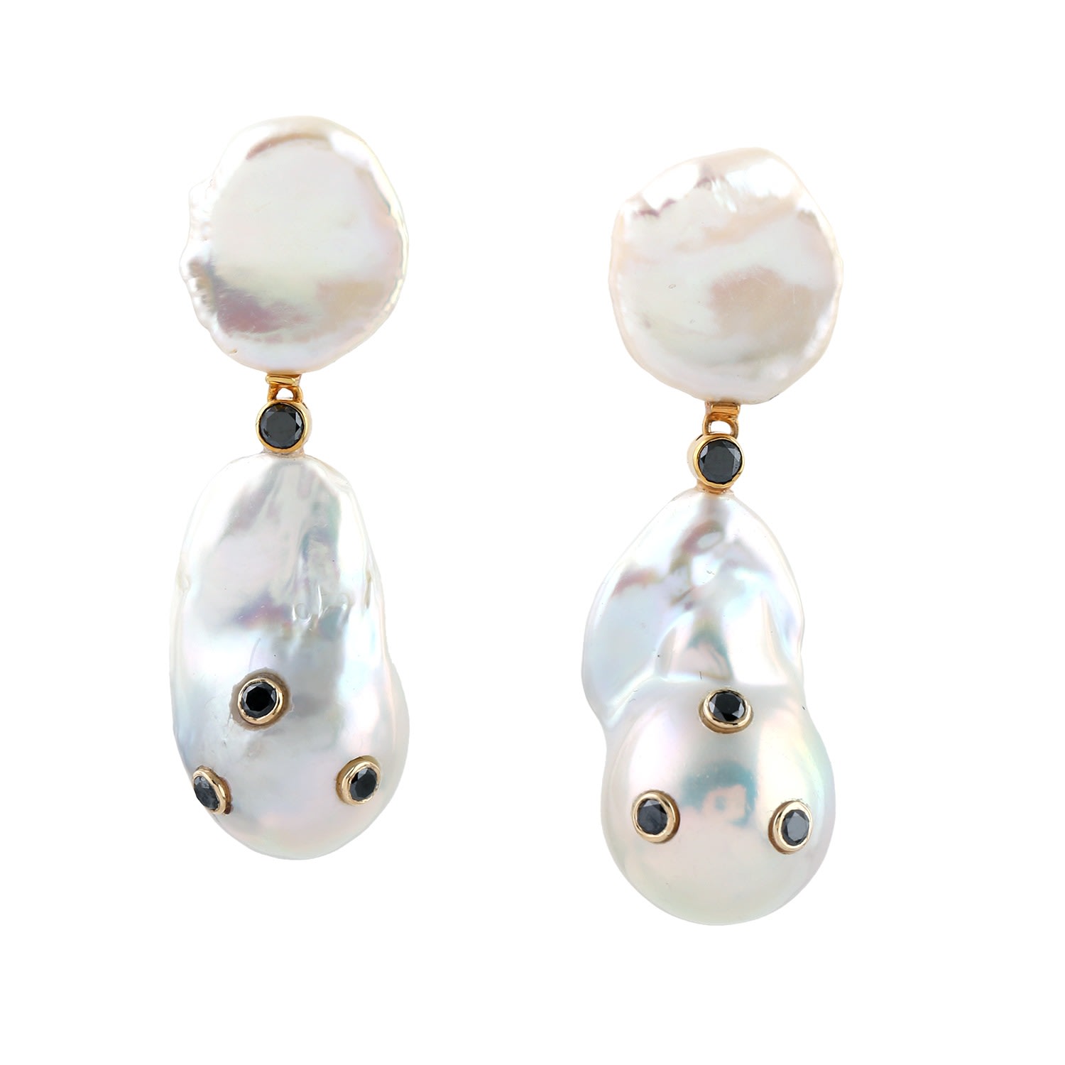 Women’s Black / White 18K Yellow Gold Black Diamond Natural Pearl Chinese Dangle Earrings Artisan