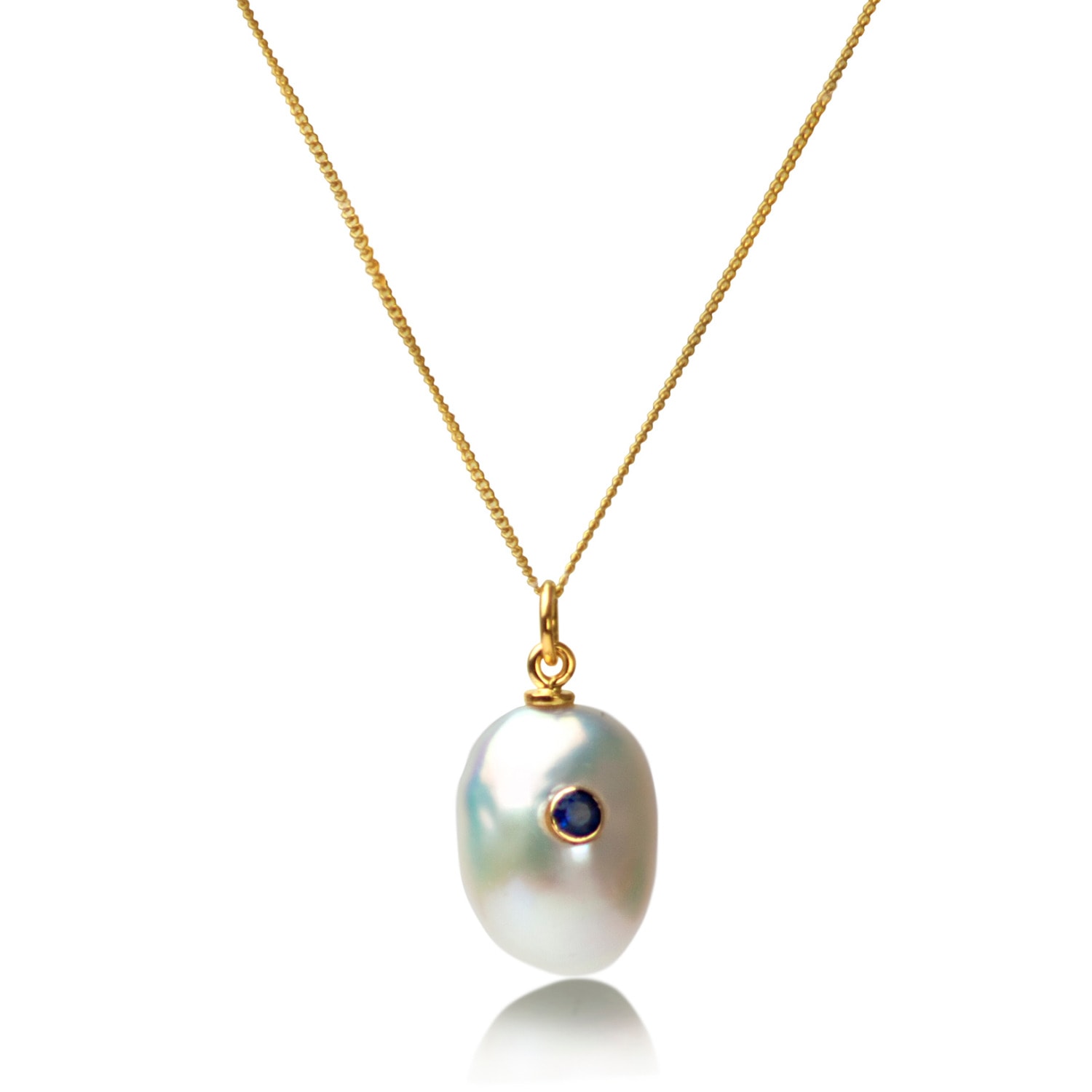 Women’s White / Blue / Gold Keshi Pearl Necklace With Blue Sapphire In Solid Gold The Jewellery Store London