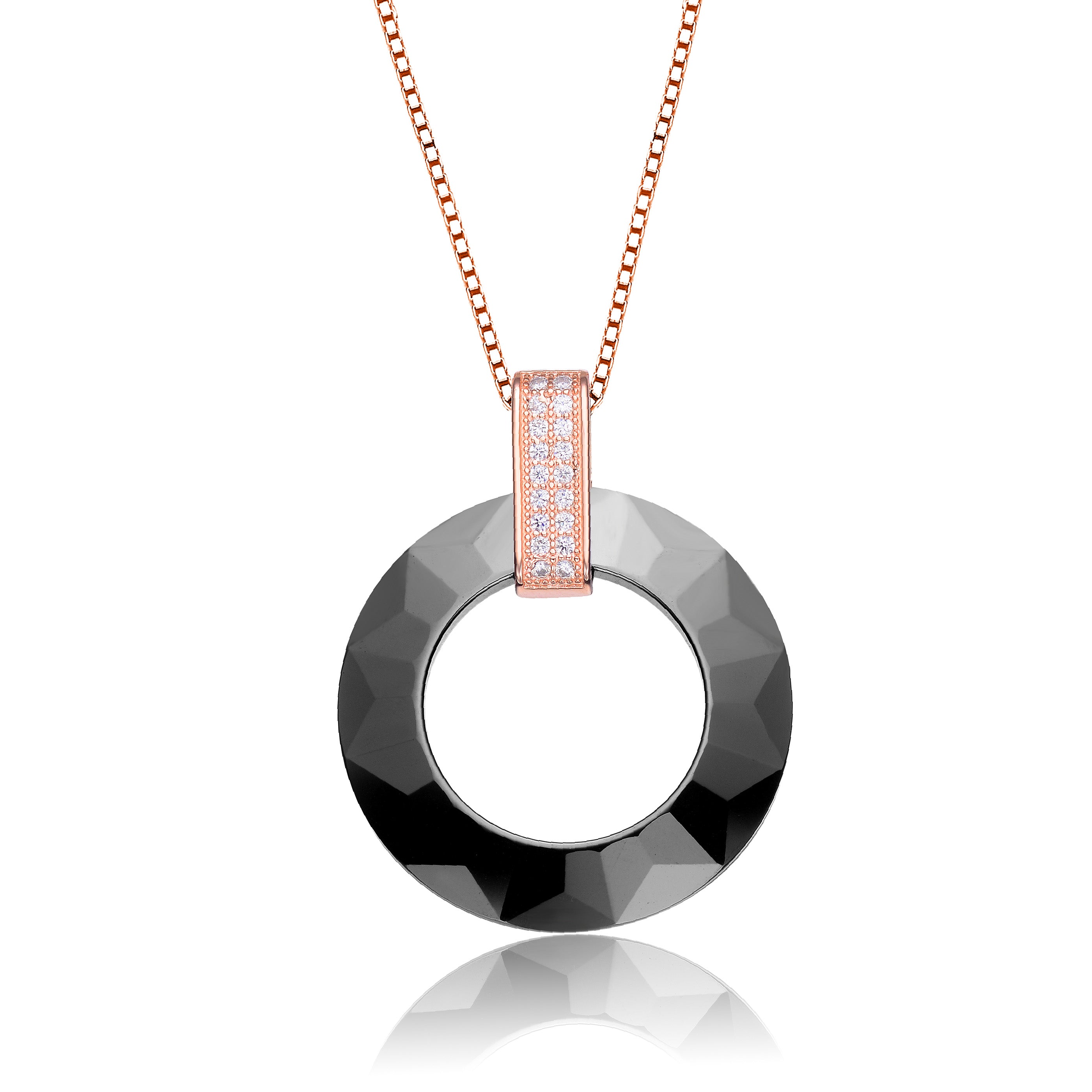 Women’s Black / White / Rose Gold Rachel Glauber Black Ceramic Circle Rose Cz Pendant Genevive Jewelry