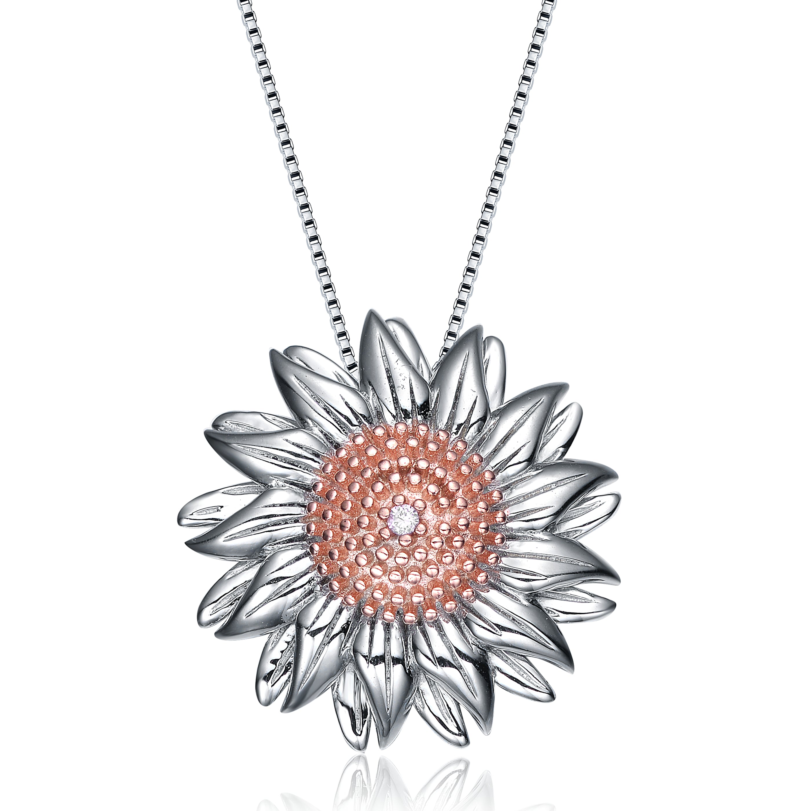 Women’s Rose Gold / Silver Sterling Silver Cubic Zirconia Sunflower Shape Pendant Genevive Jewelry