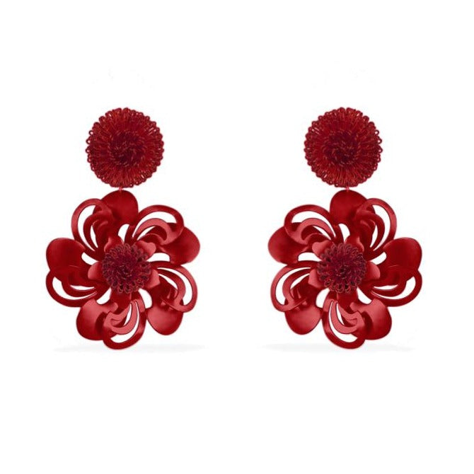 Pat’s Jewelry Women's Red Pompom Flower Earrings In Burgundy