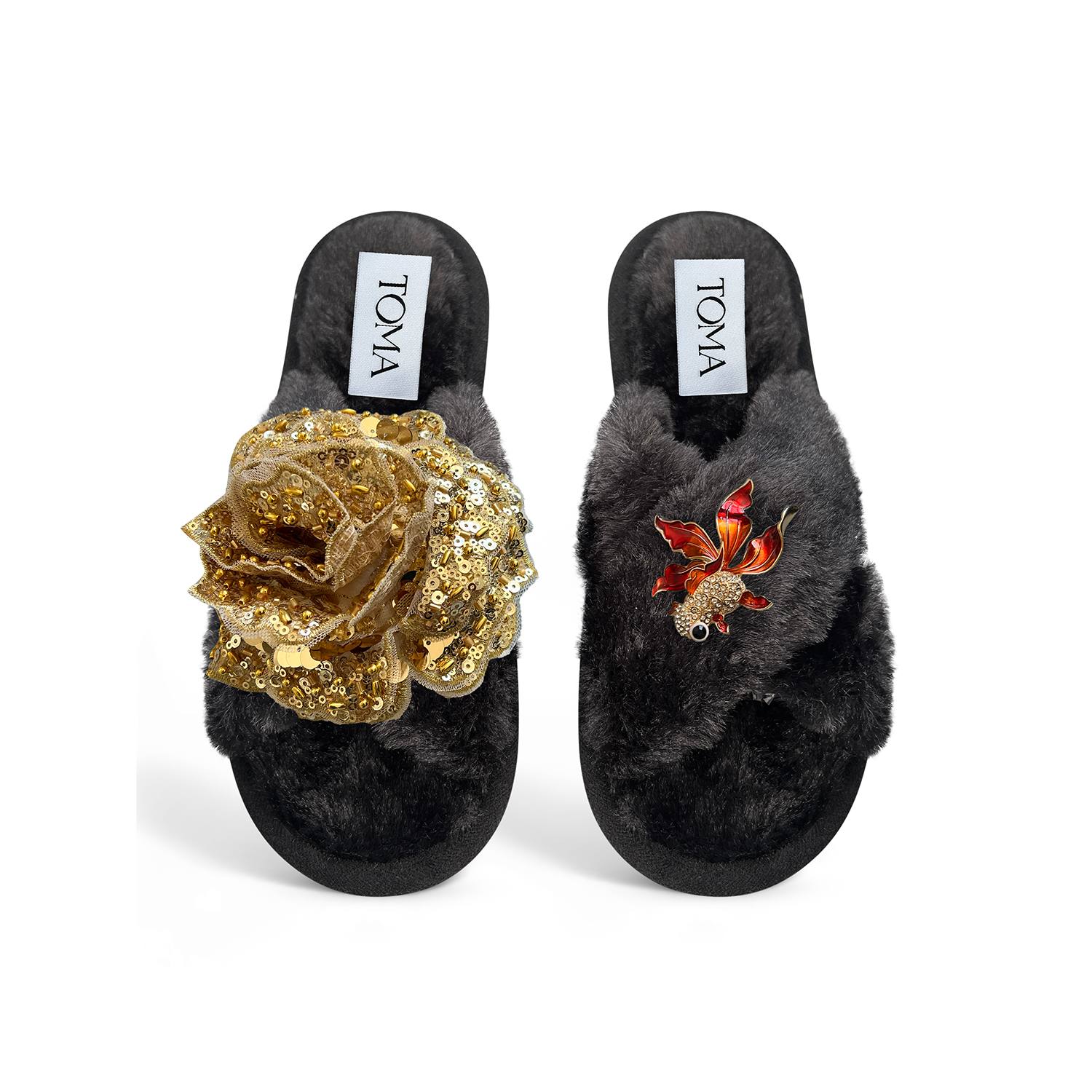 Toma Women's Classic  Faux Fur Open Toe Gold Sequin And Brooch Black Slippers In Black