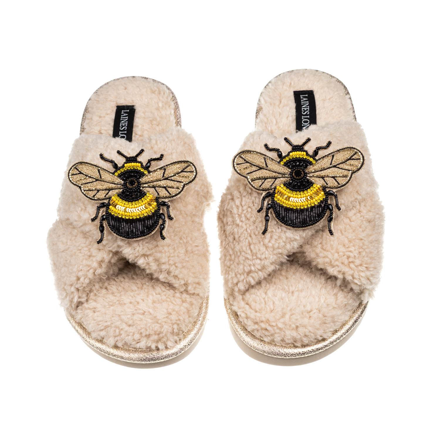 Laines London Women's Brown / Neutrals Laines Neutral Boucle Slippers With Double Honeybee Brooches - Oatmeal