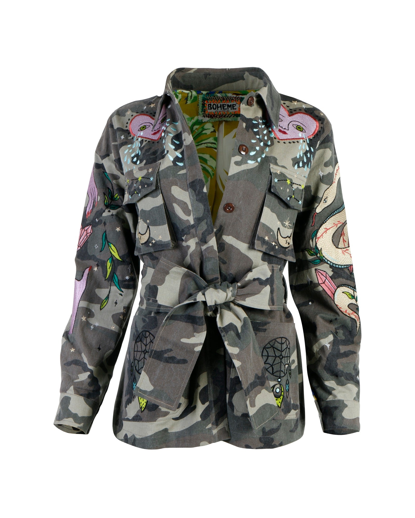 Women’s Green Mystical Goddess Embroidered Camo Jacket Small Meghan Fabulous