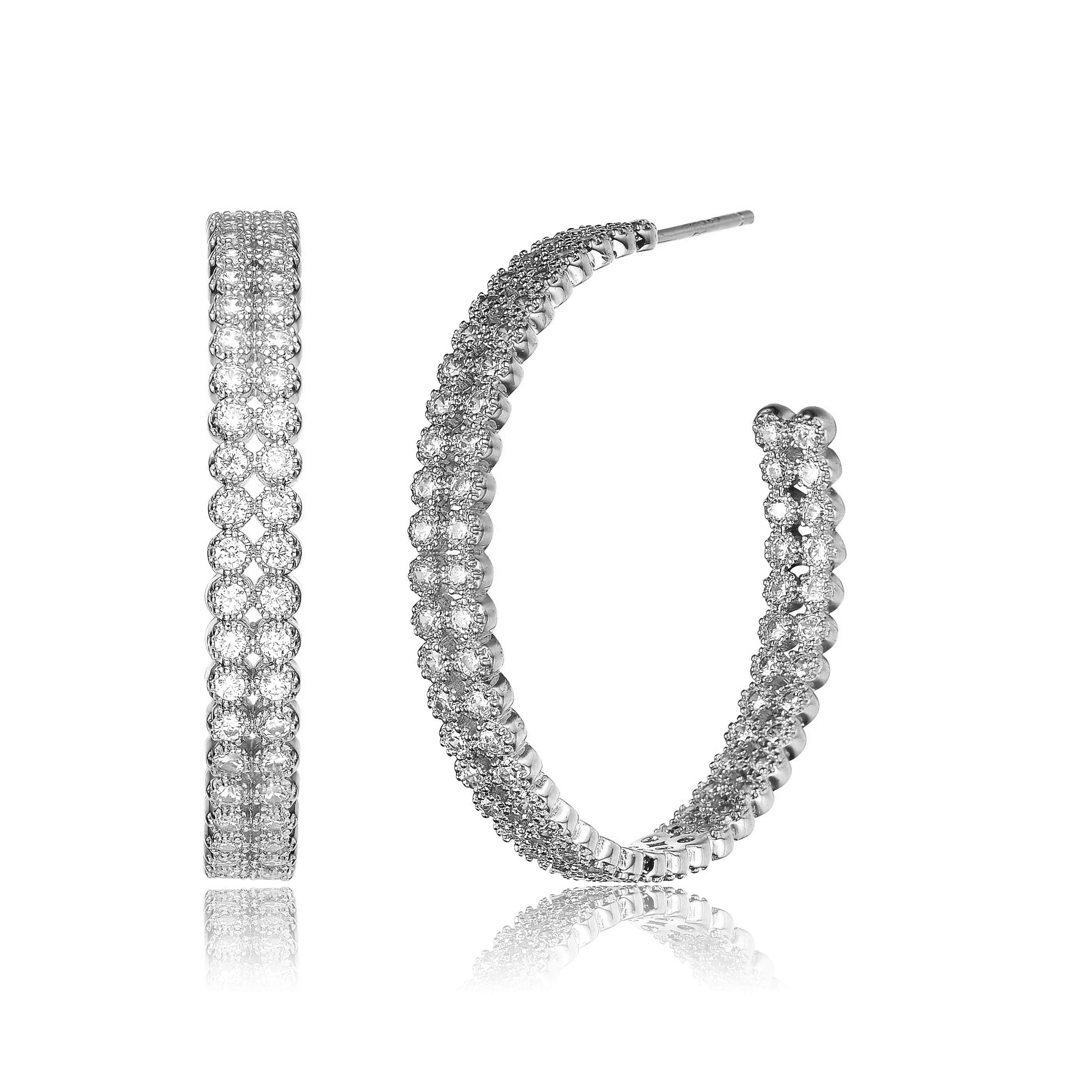 Women’s White / Silver Cubic Zirconia Lined Open Hoop Earrings Genevive Jewelry