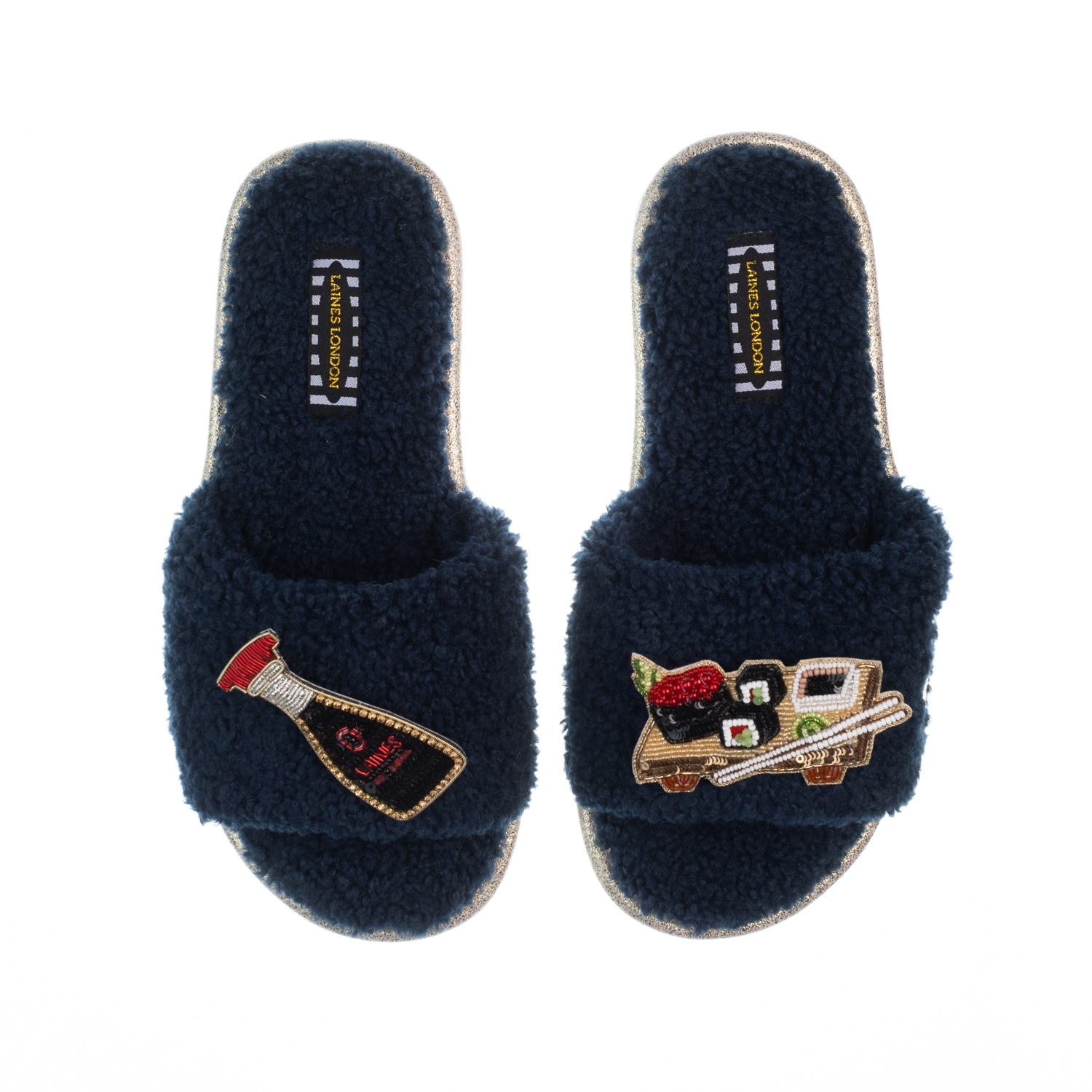 Women’s Blue Teddy Toweling Slipper Sliders With Sushi & Soy Sauce Brooches - Navy Large Laines London