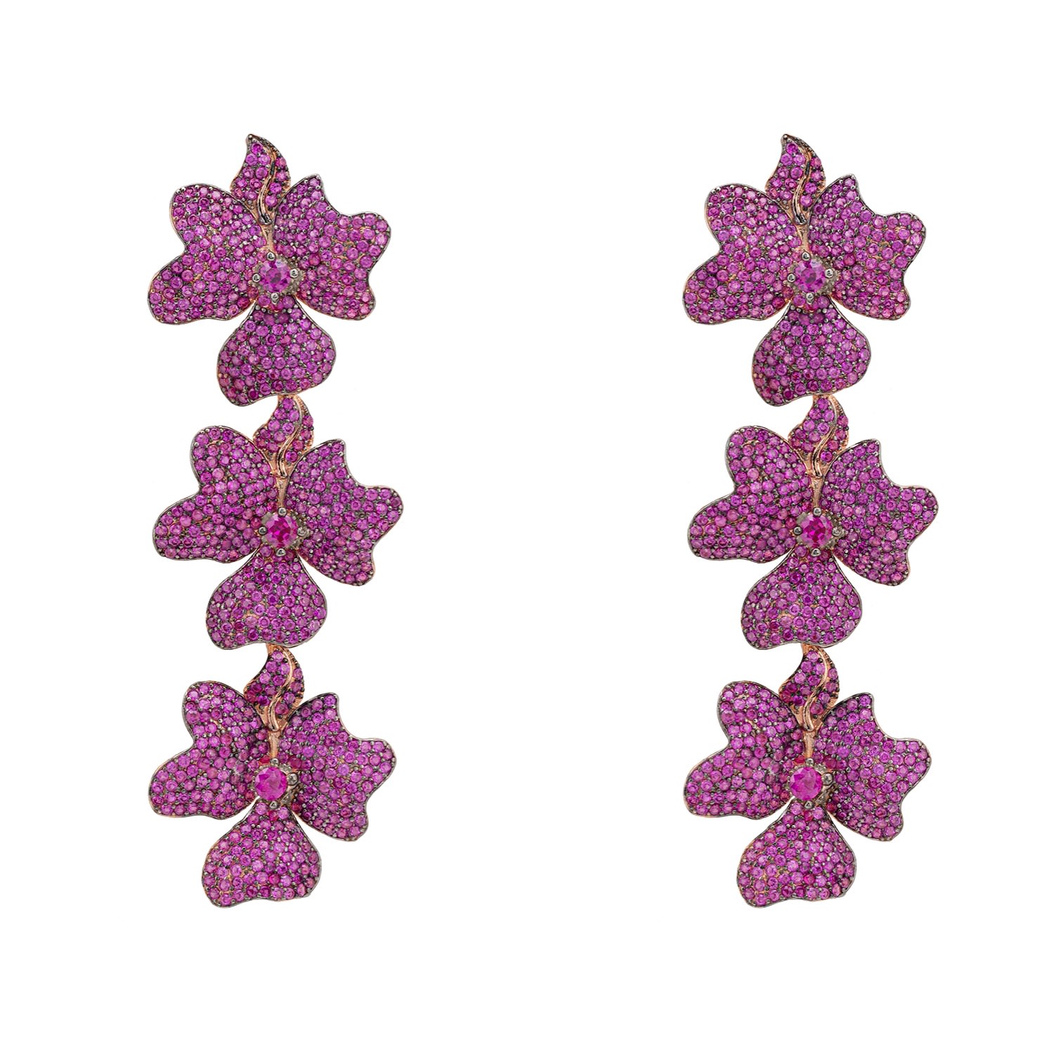 Women’s Pink / Purple / Red Jasmine Flower Triple Drop Earrings Rosegold Ruby Latelita