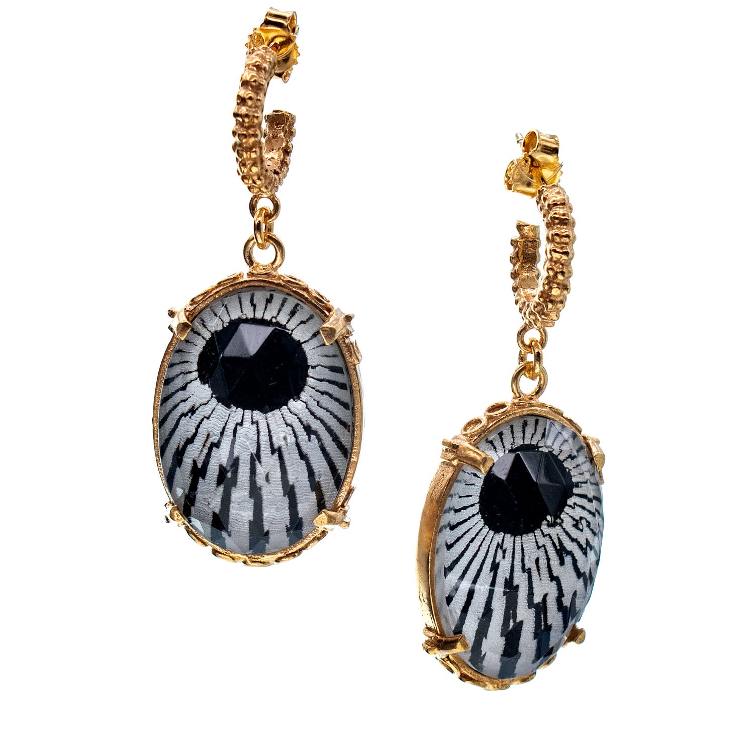 Gem Kingdom Women's Black / Gold / White Gold Plated Earrings - Black And White In Gold