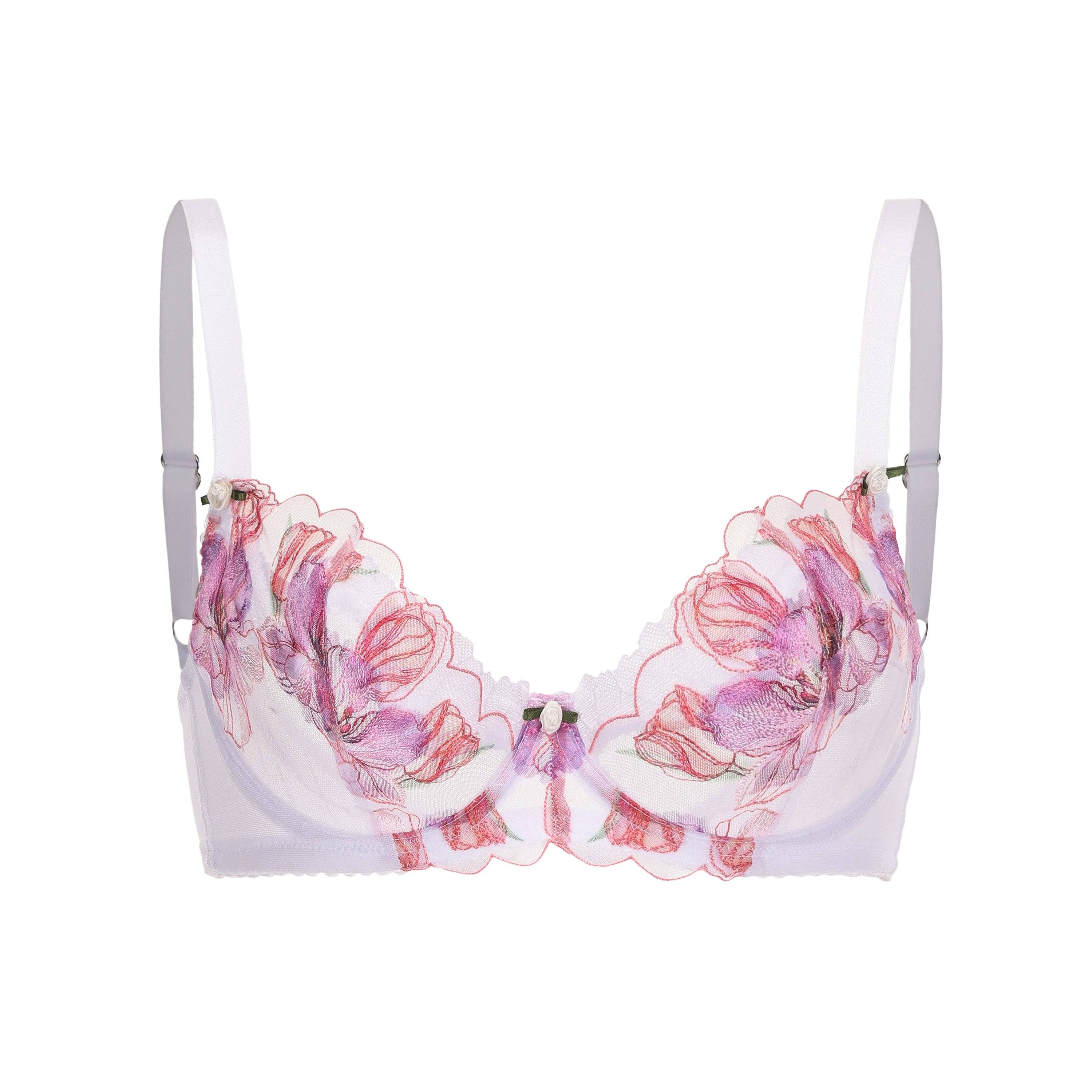 Amour D'agnette Women's White Stephanie Dual-layer Orchid Embroidery Plunge Bra