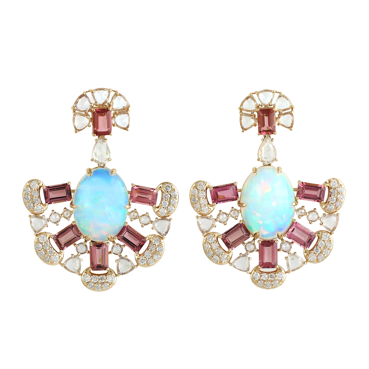 Women’s Oval Cut Ethiopian Opal & Baguette Pink Tourmaline Multi Stone 18K Gold Dangle Earrings Artisan