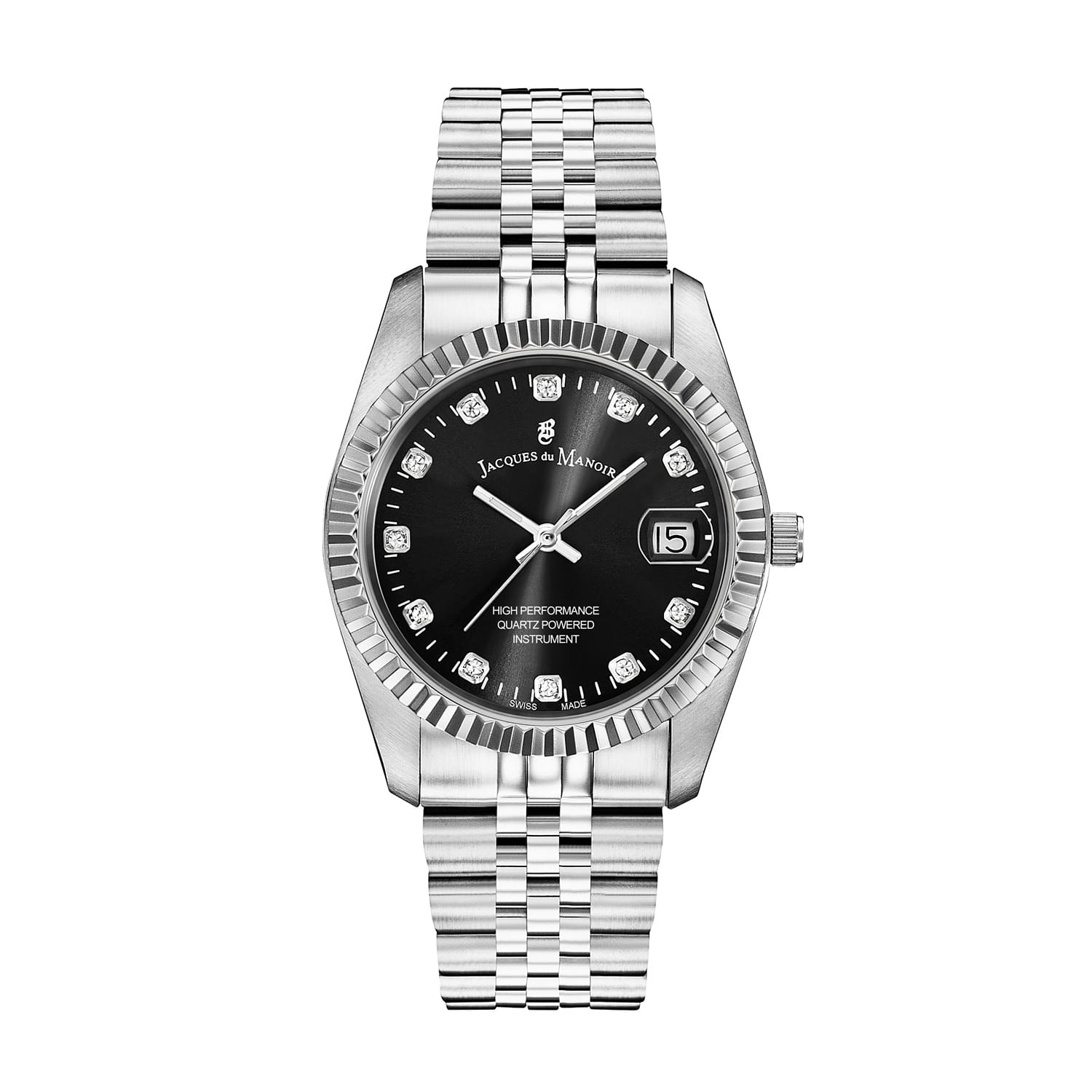 Women's Jacques Du Manoir Swiss Made Inspiration Stainless Steel Stone Set Black Dial Watch