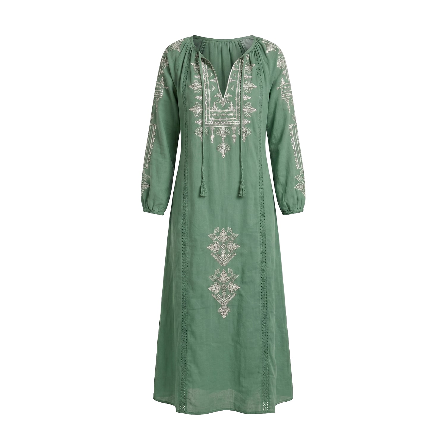 Raffya Women's Aurelia Kaftan Style Embroidered Maxi Dress In Sage Green