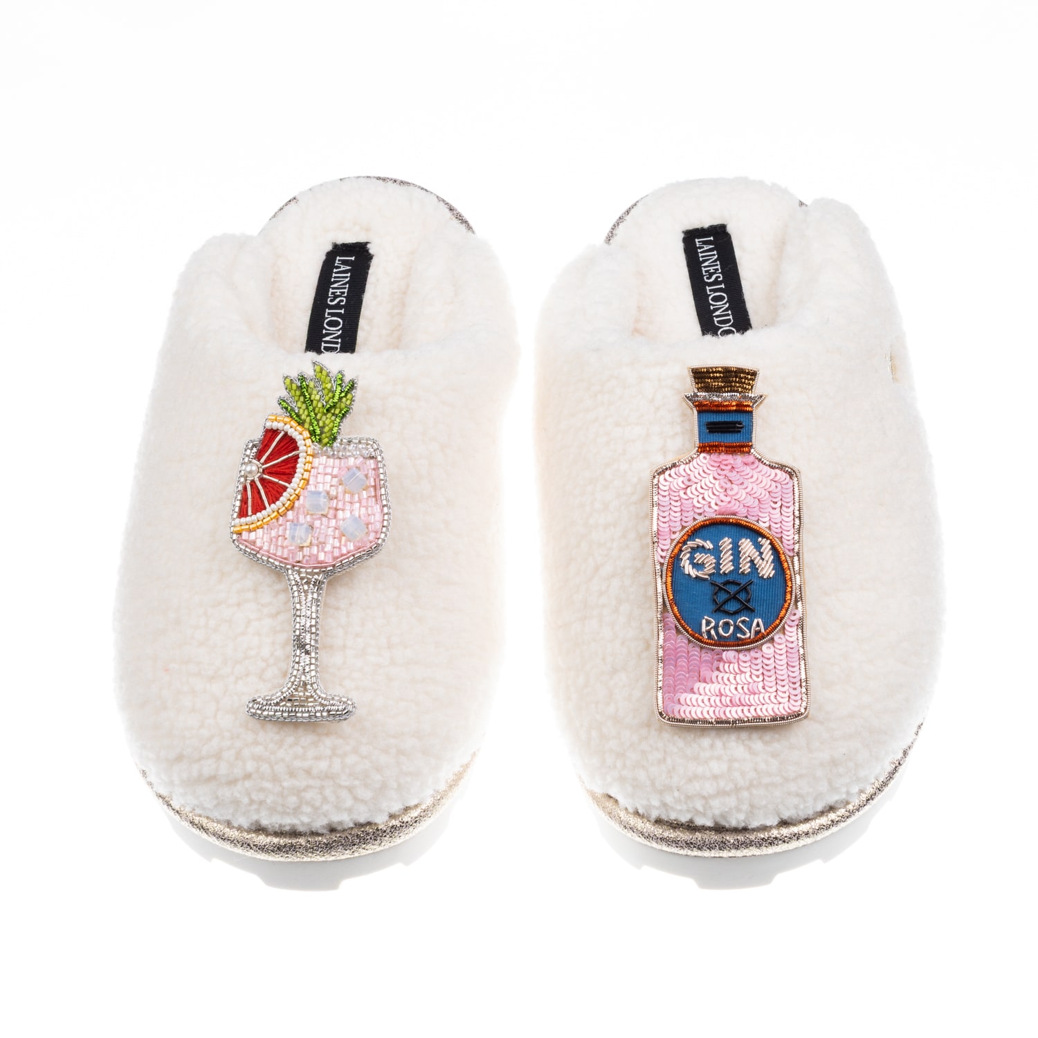 Laines London Women's Neutrals / White Teddy Closed Toe Slippers With Pink Rosa & Grapefruit Gin Brooches - Cream In White