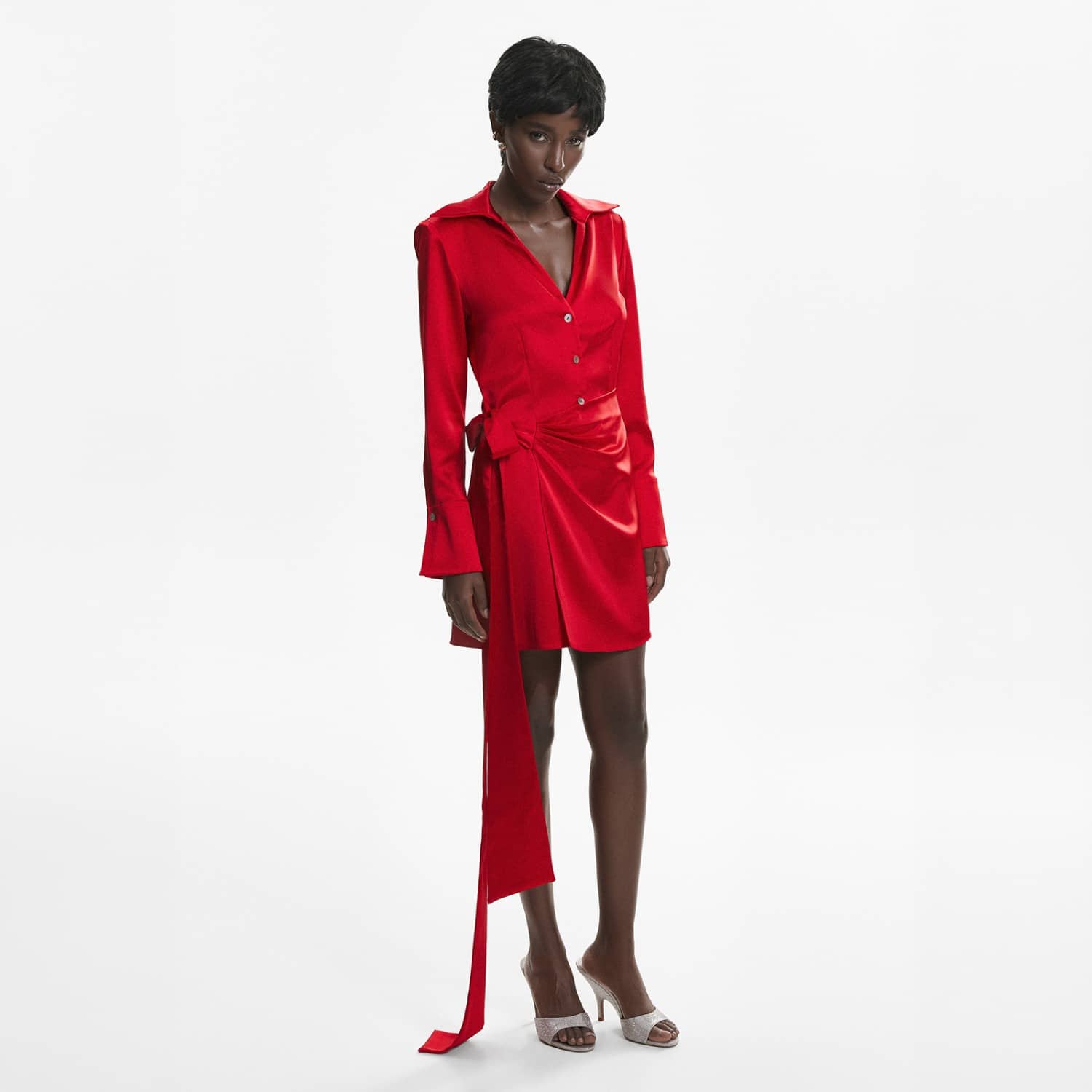 long sleeve red satin mini dress ASOS DESIGN satin drape long sleeve off shoulder mini dress in red