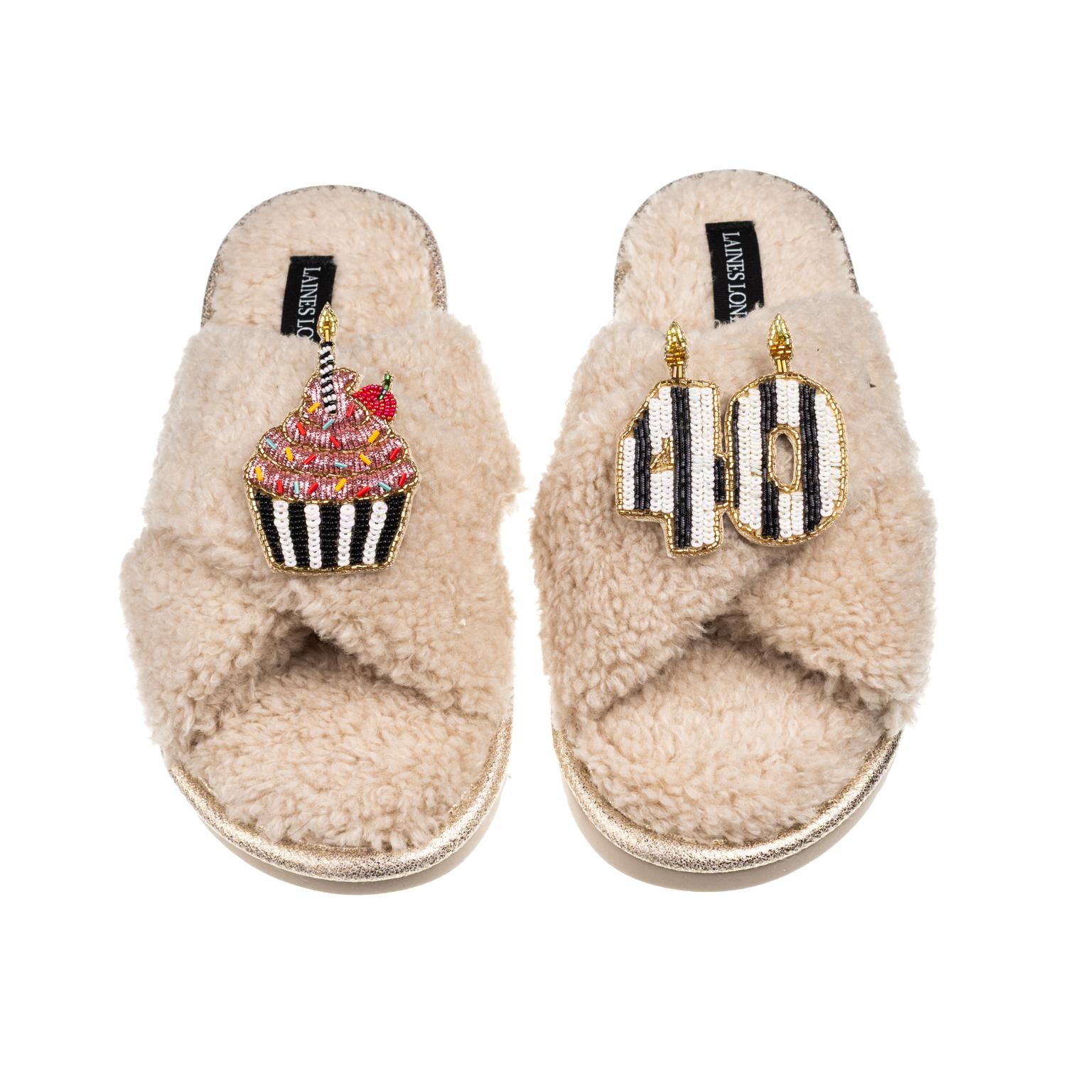 Laines London Women's Brown / Neutrals Laines Neutral Boucle Slippers With Stripe 40th Birthday & Cake Brooches - 