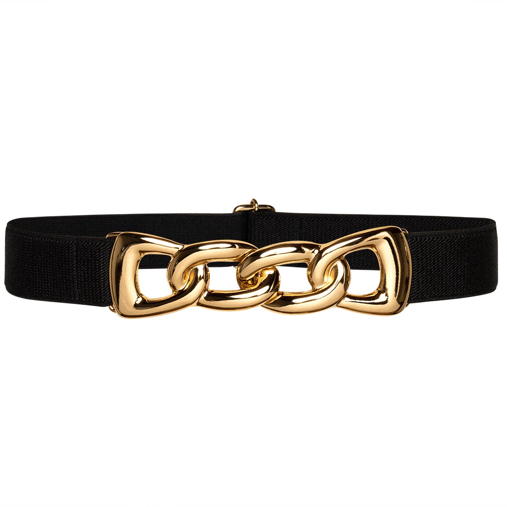 Women Black Elastic Hip High Waist Belt Gold Metal Chain Links Strap Size S  M