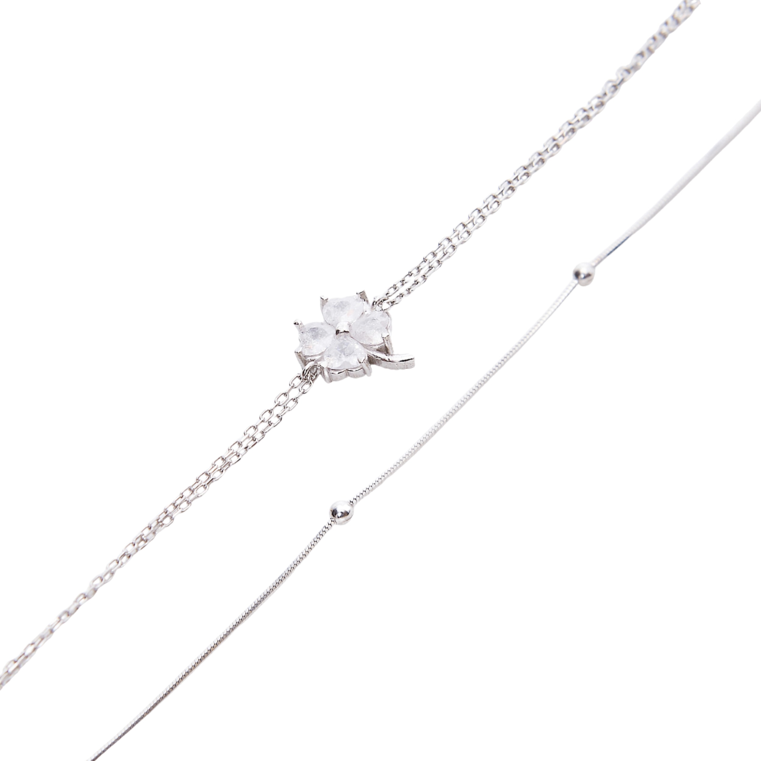 Spero London Women's White Clover Bracelet & Italian Bead Chain Bracelet Layering Set - Silver In Silver