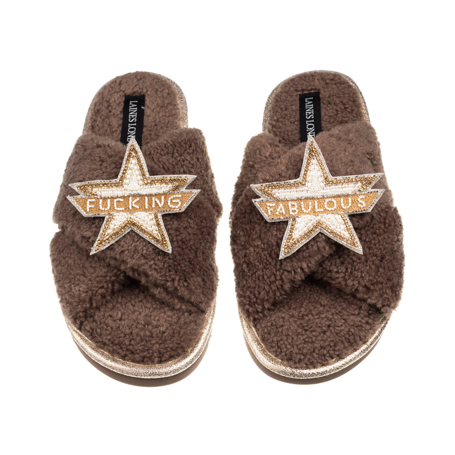 Laines London Women's Brown / Neutrals Laines Neutral Boucle Slippers With Fucking Fabulous Brooches - Mink