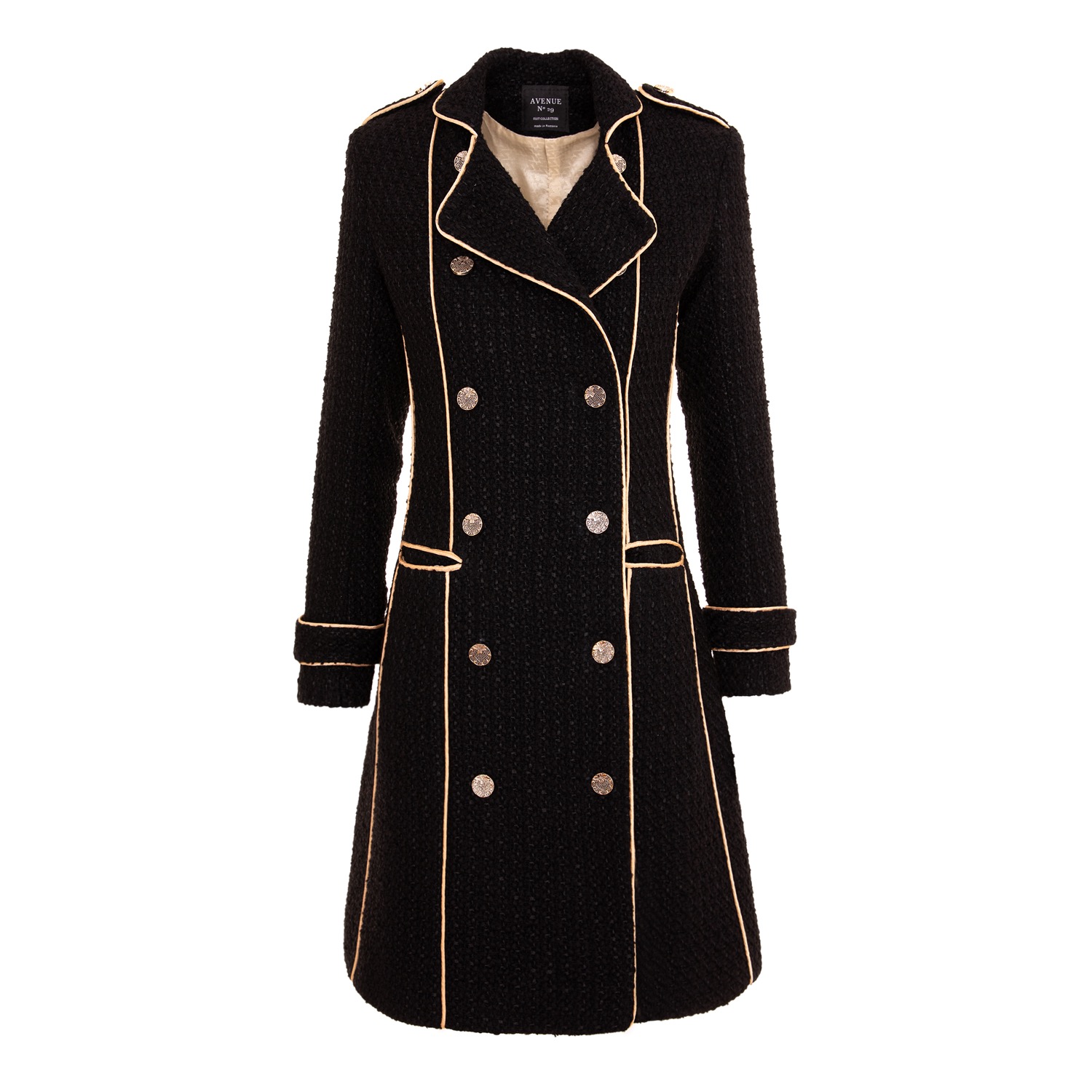 Double Breasted Military Coat With Contrast Buttons – Black