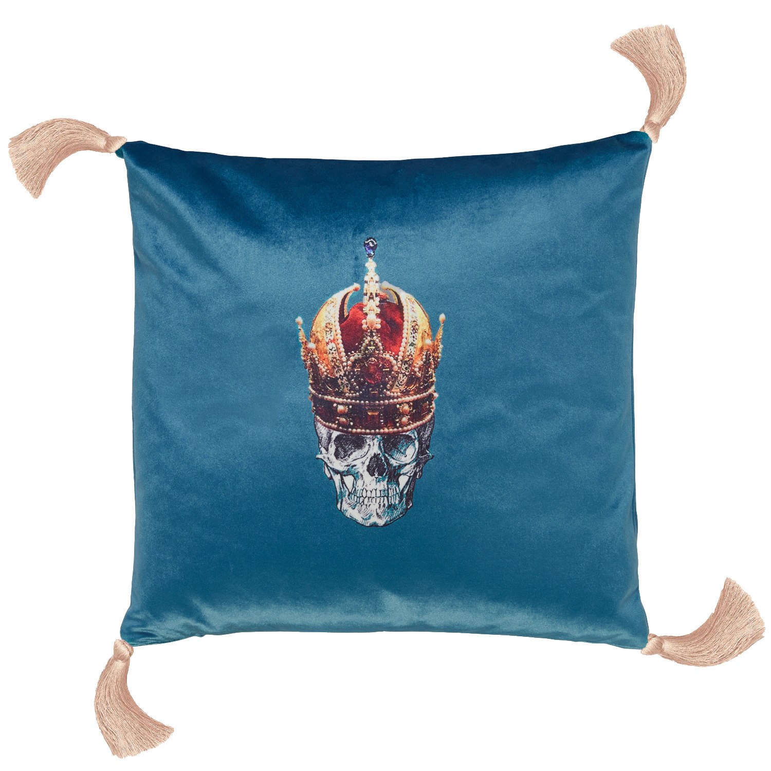 Blue / Gold Skull In Crown Blue Velvet Cushion Melody Rose London