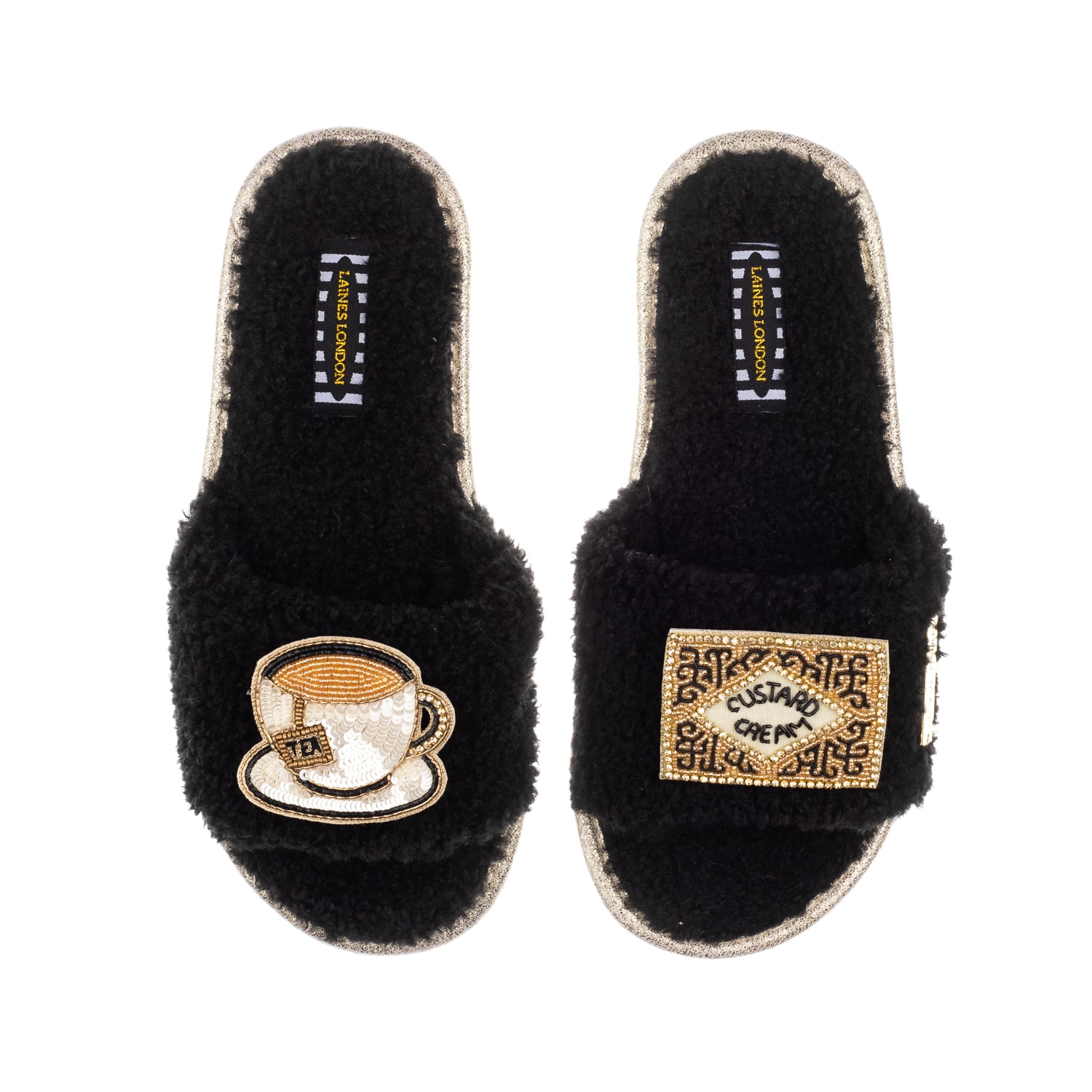 Women’s Teddy Towelling Slipper Sliders With Tea & Biscuit Brooches - Black Medium Laines London