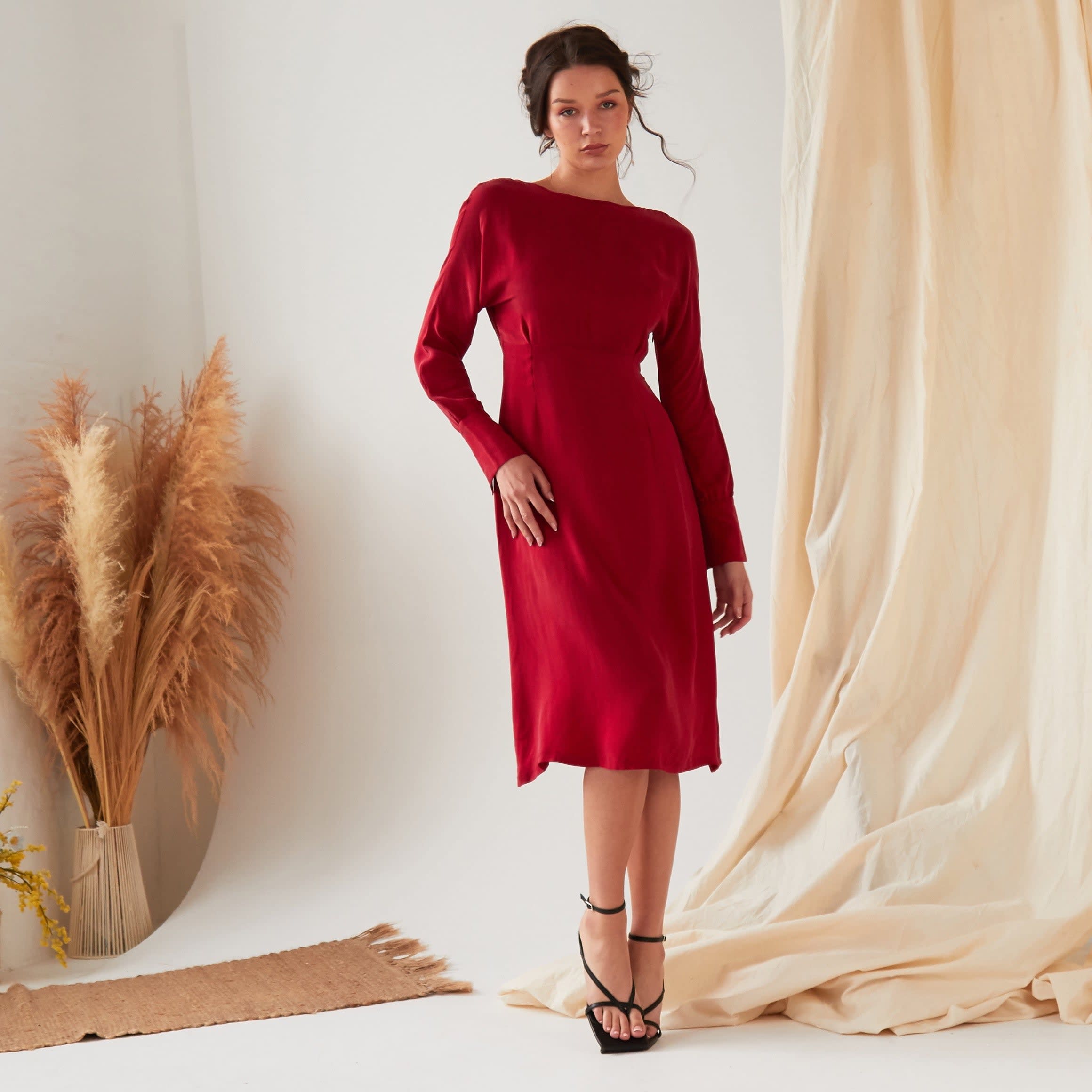 long sleeve red midi dress Long Sleeve Sequin Ruffle Midi Dress Red